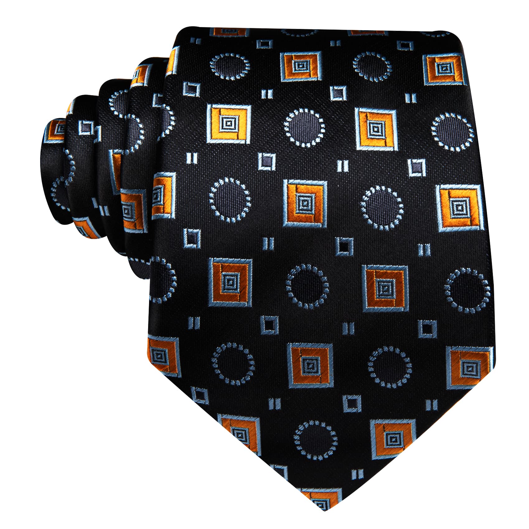 Barry Wang Black Tie Orange Blue Jacquard Squares Novelty Necktie Set