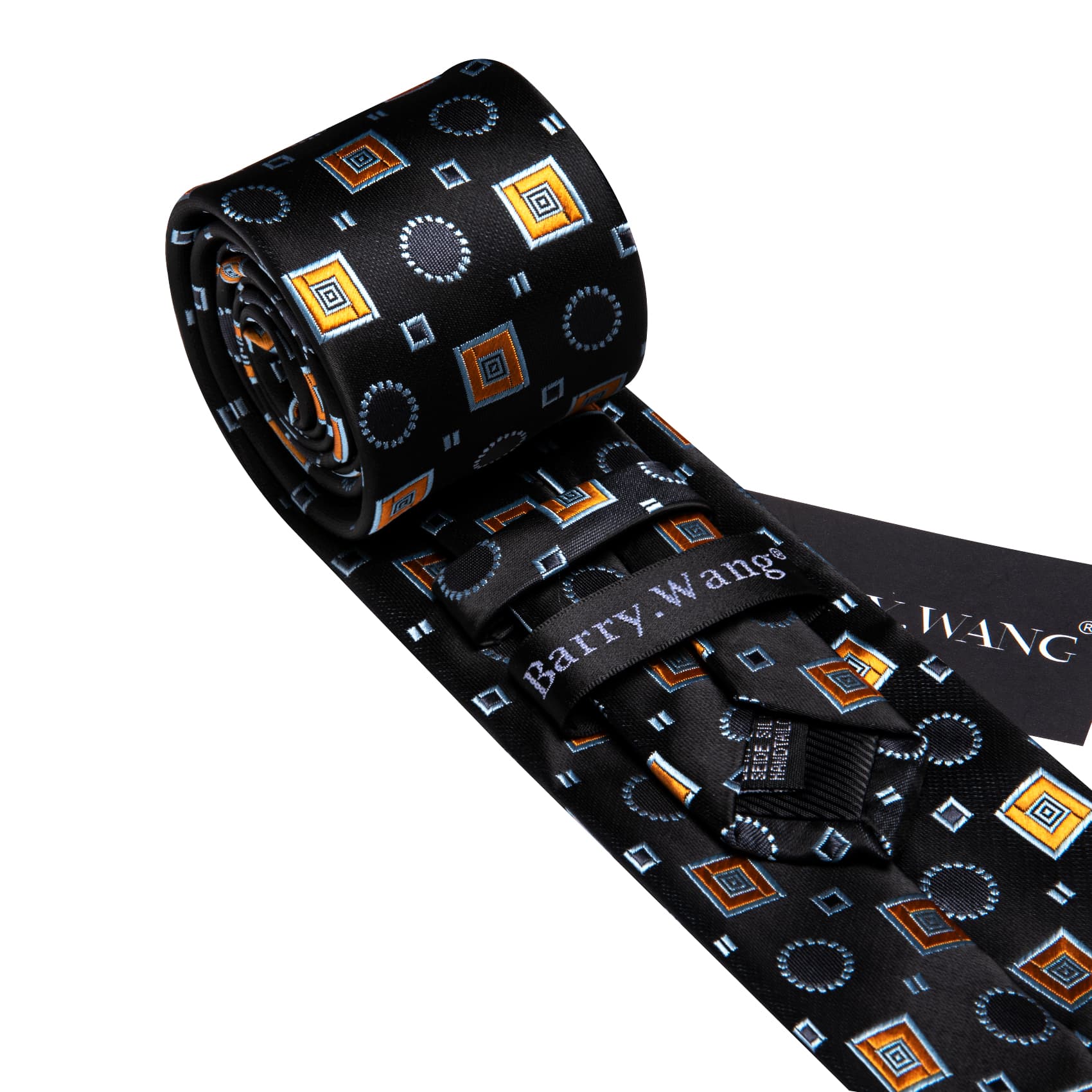 Barry Wang Black Tie Orange Blue Jacquard Squares Novelty Necktie Set