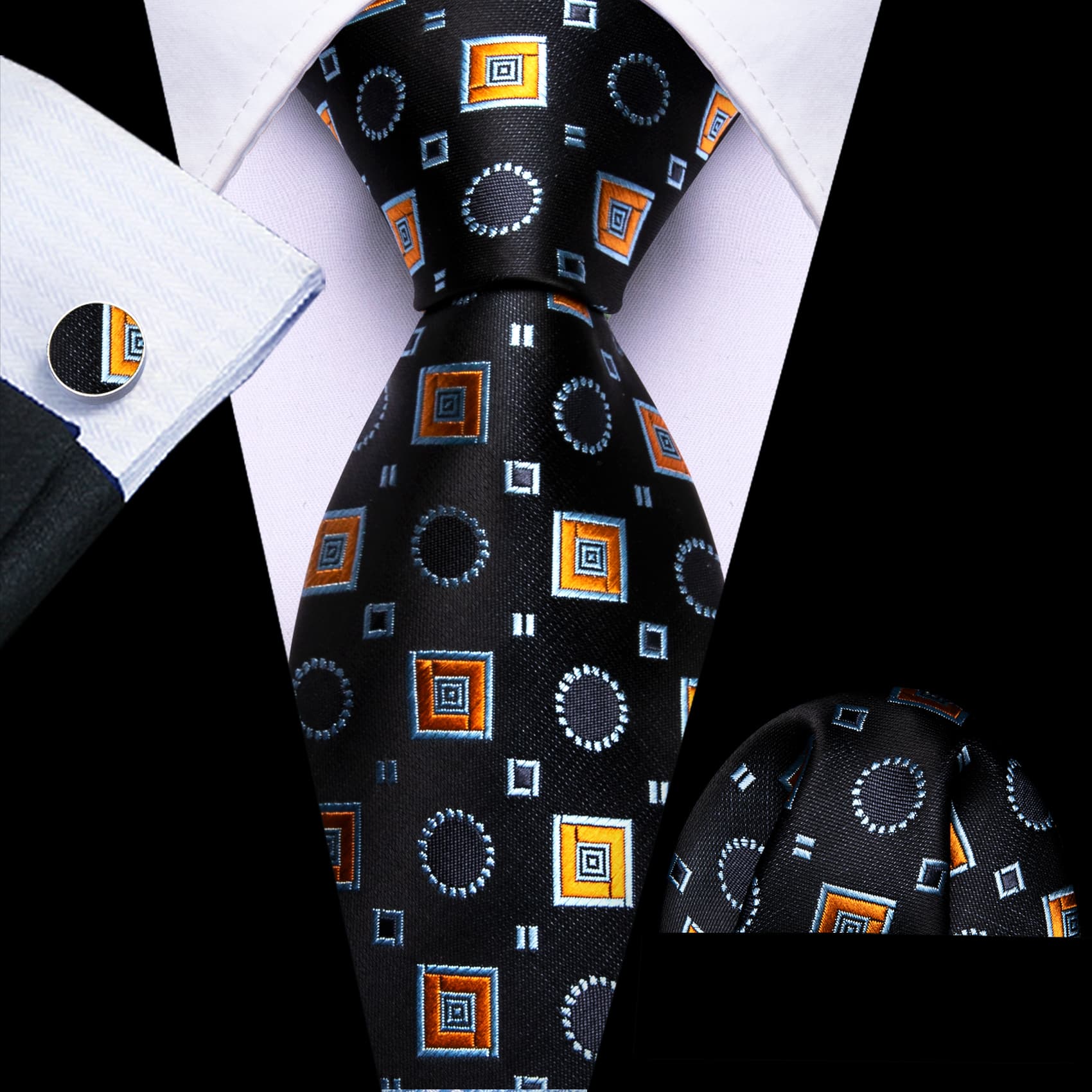 Barry Wang Black Tie Orange Blue Jacquard Squares Novelty Necktie Set