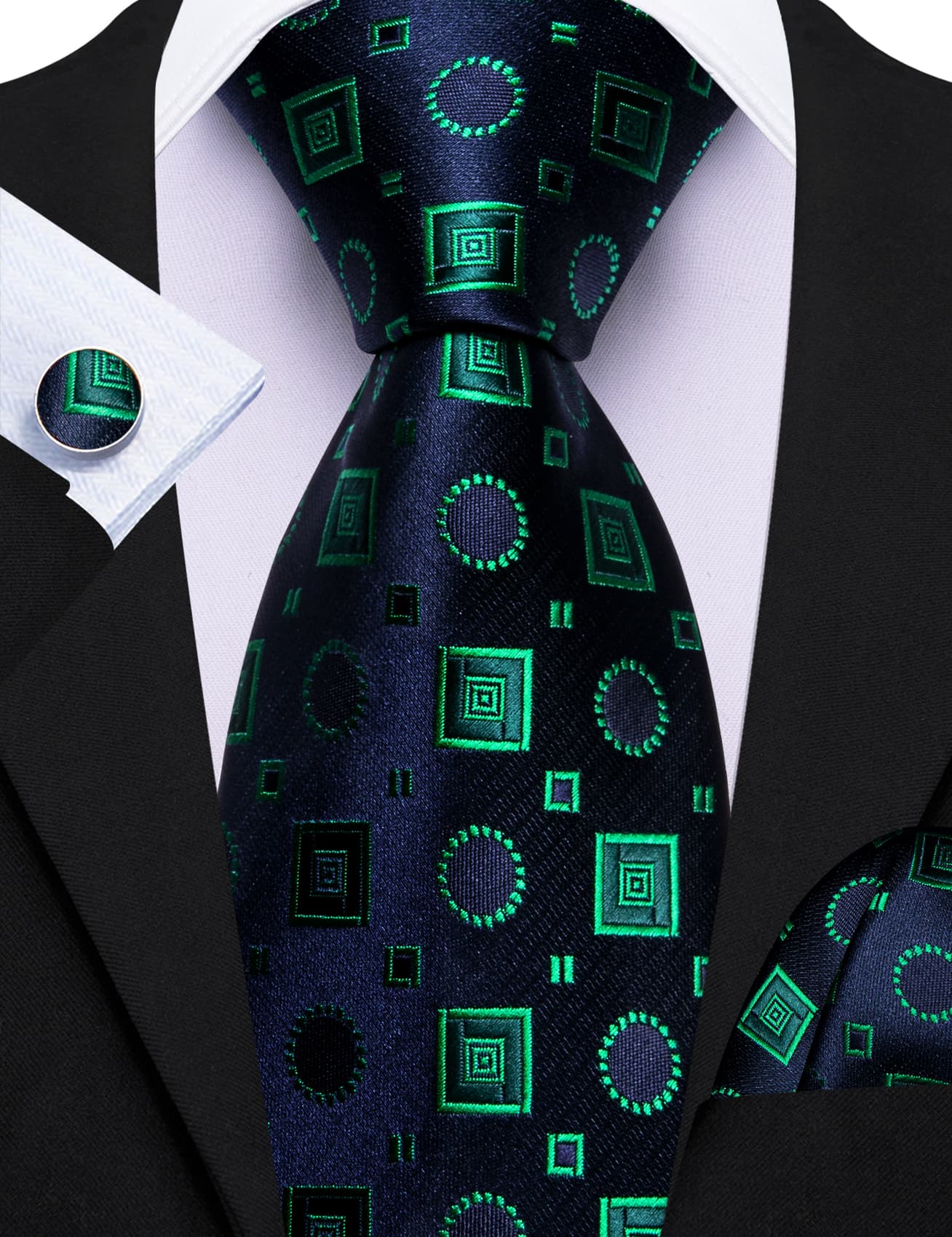 Barry Wang Blue Tie Light Green Jacquard Squares Novelty Necktie Set