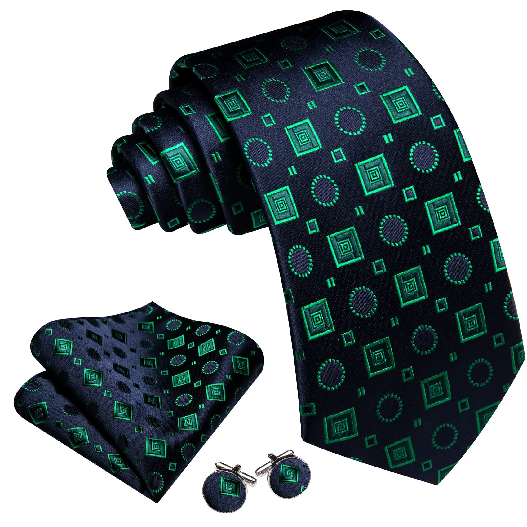 Barry Wang Blue Tie Light Green Jacquard Squares Novelty Necktie Set