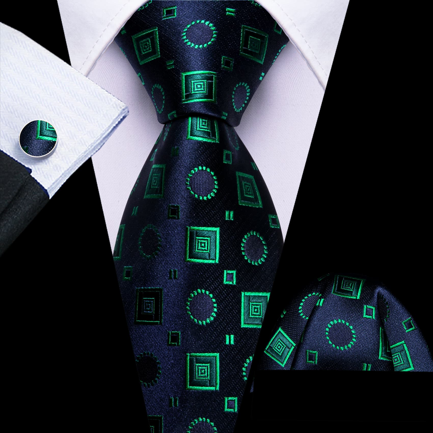 Barry Wang Blue Tie Light Green Jacquard Squares Novelty Necktie Set