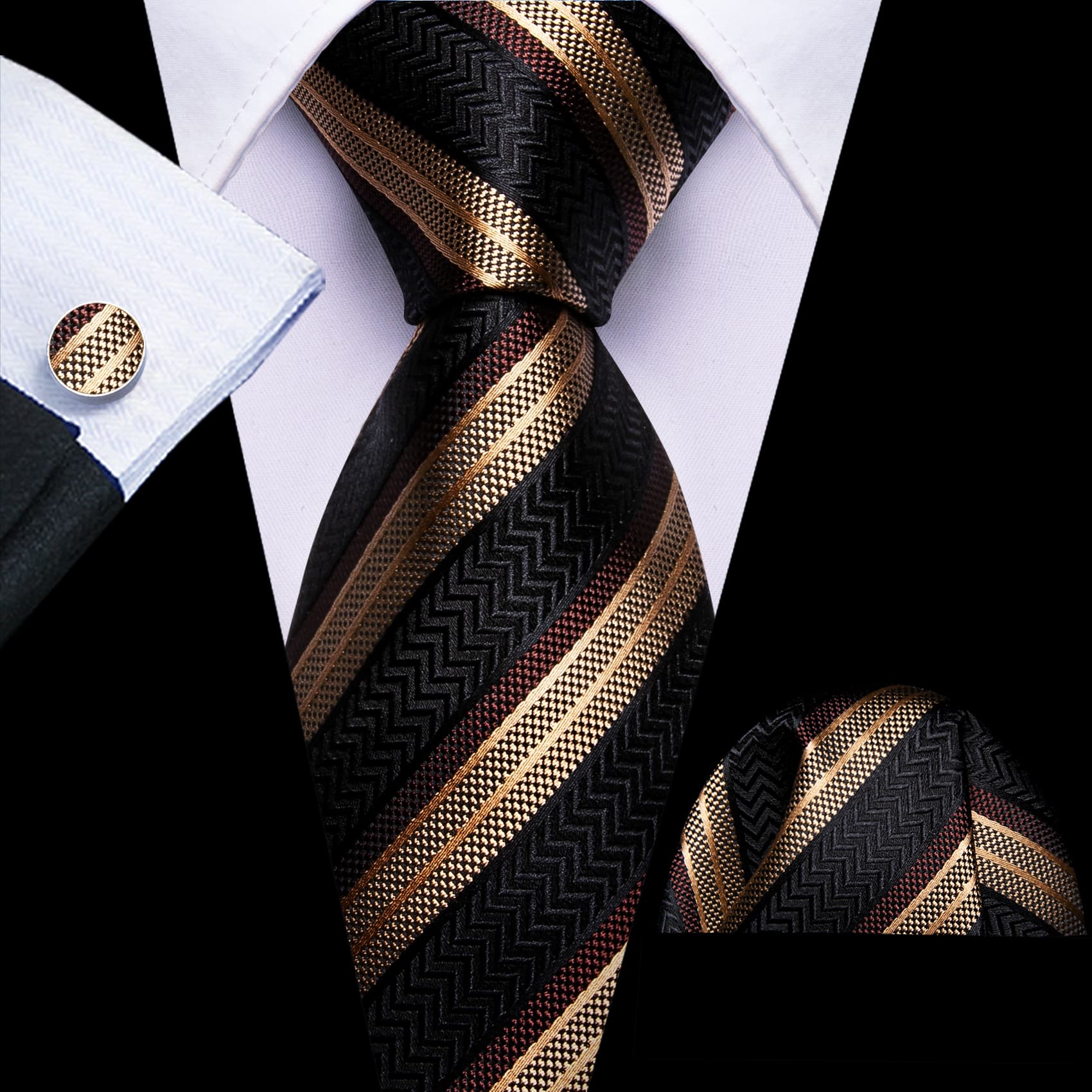 Black suit black tie Men's Tie Black Beige Brown Stripes Wedding Neck Tie Set