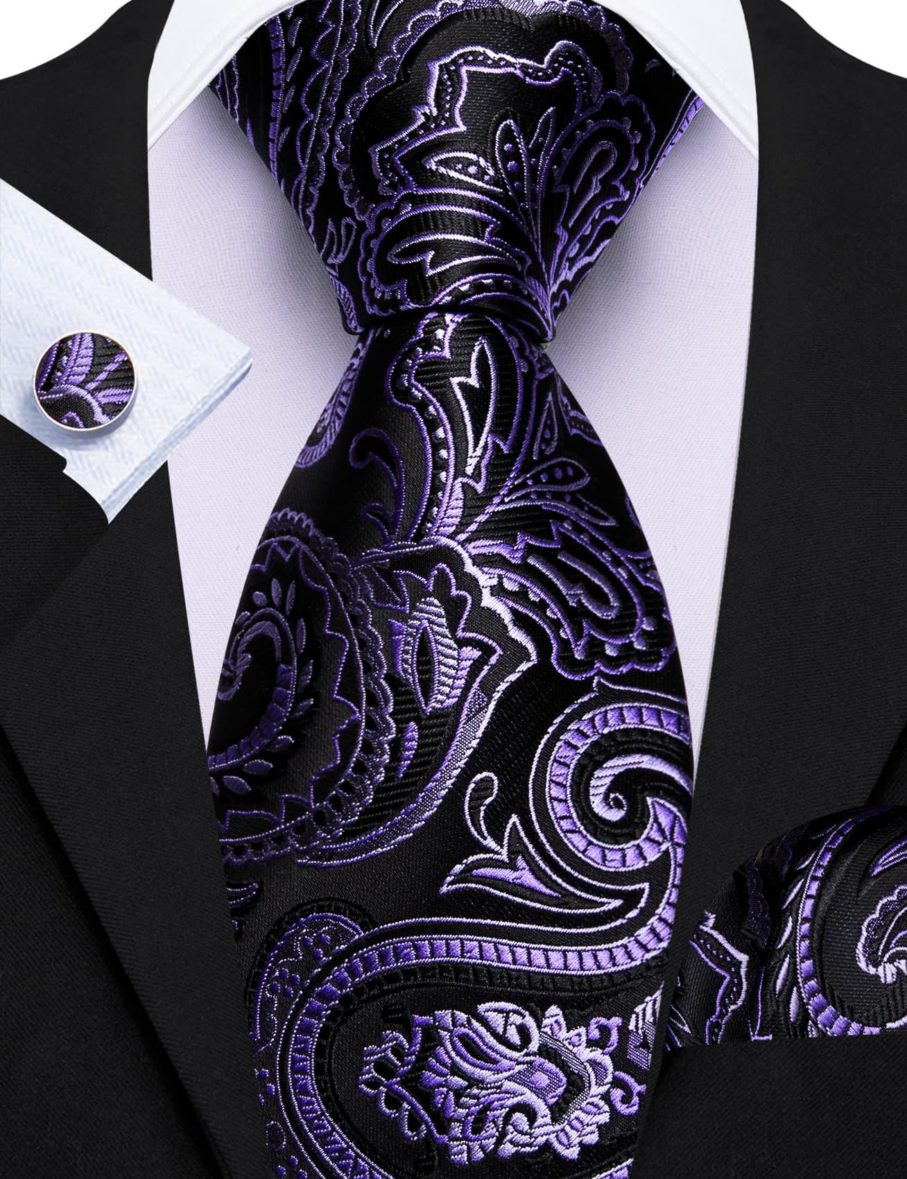 Black Suit White dress shirt black  purple floral necktie for men 