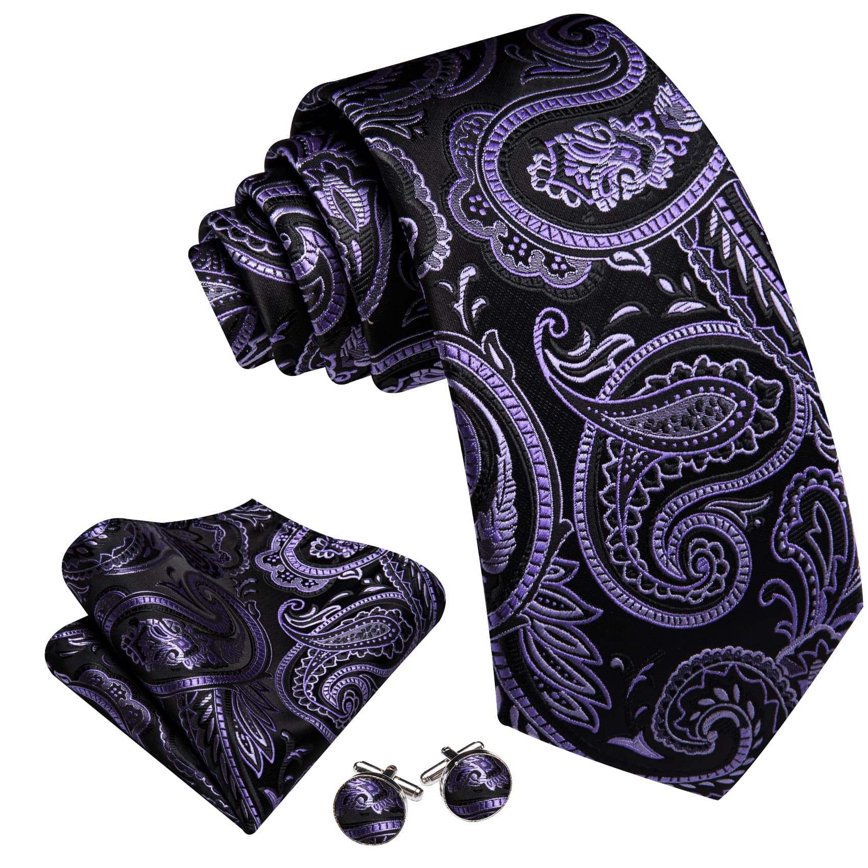 Black purple jacquard paisley necktie for men  and same pattern pocket squares and cufflinks 