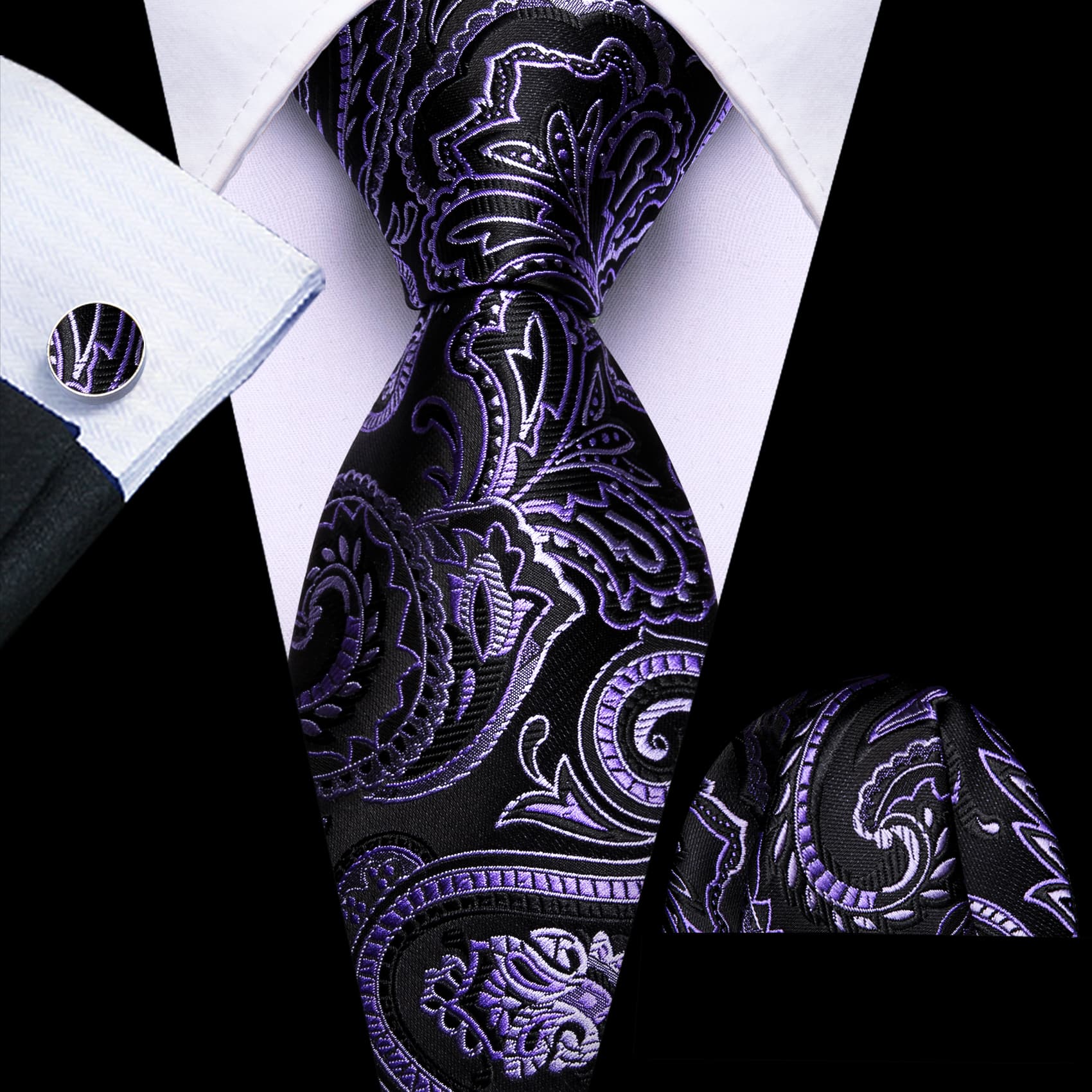 Men's purple necktie paisley tie black suit white shirt 