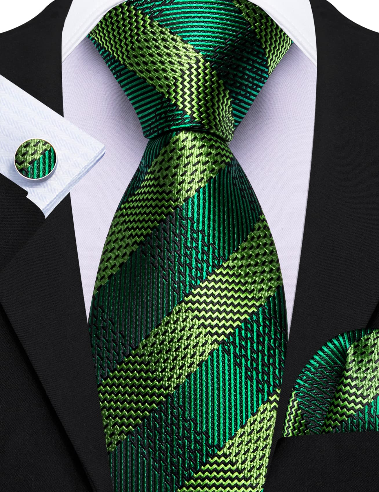 Dark Green Tie Chartreuse Checkered Men's Formal Ties Set Black suit  white shirt 