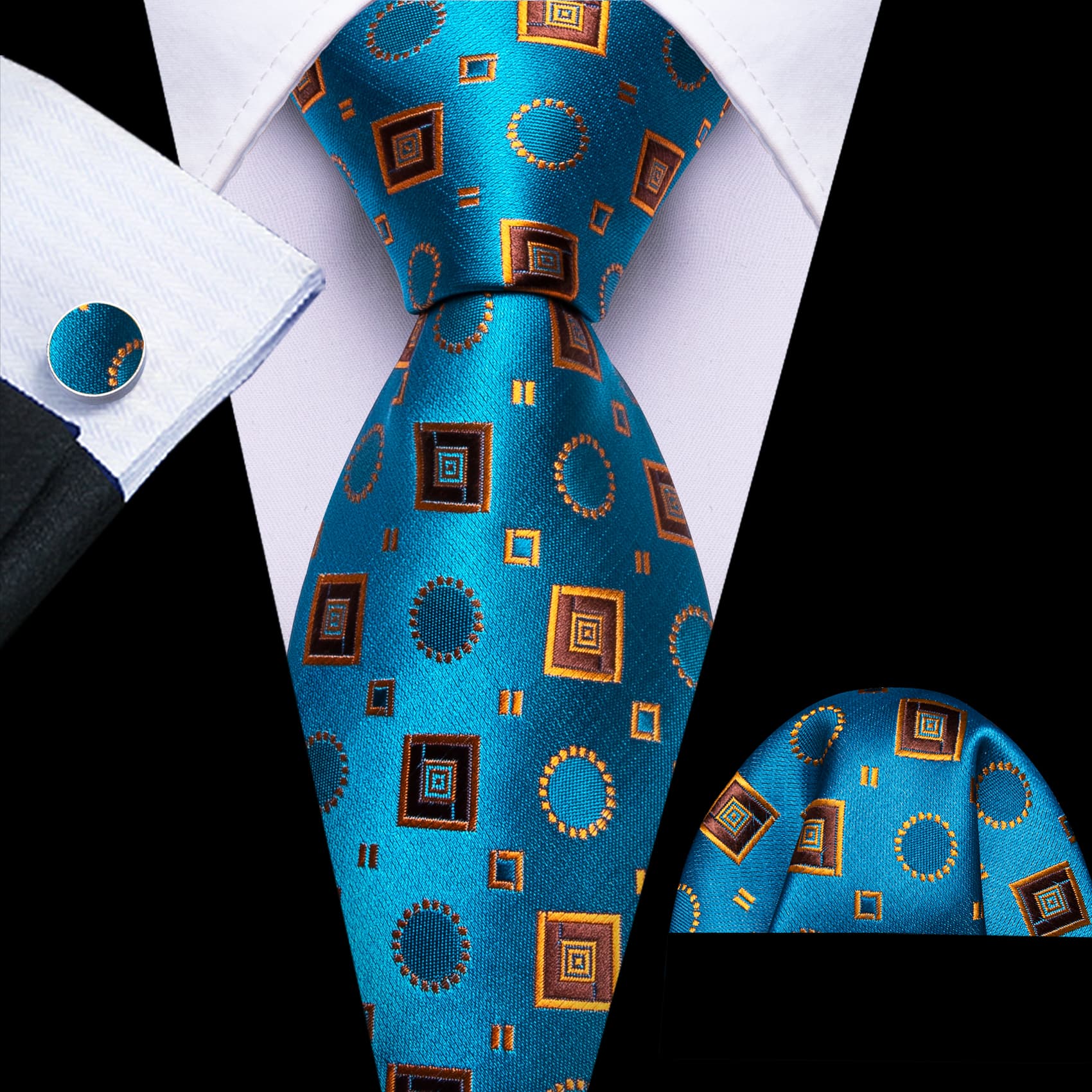  Deep Sky Blue Tie Orange Brown Squares Novelty Necktie Set