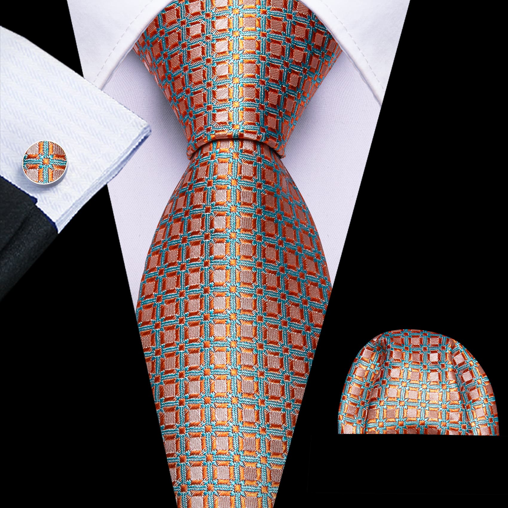 Light Orange Necktie Sky Blue Jacquard Geometric Men Tie Set