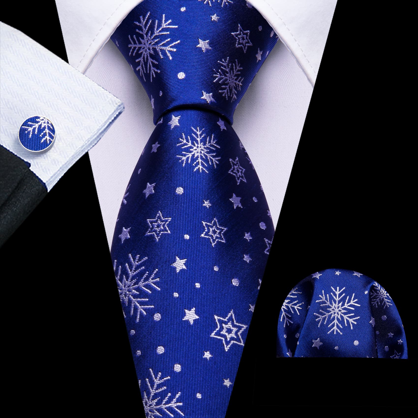 Snowflake Necktie Blue White Men's Tie Hanky Cufflinks Set