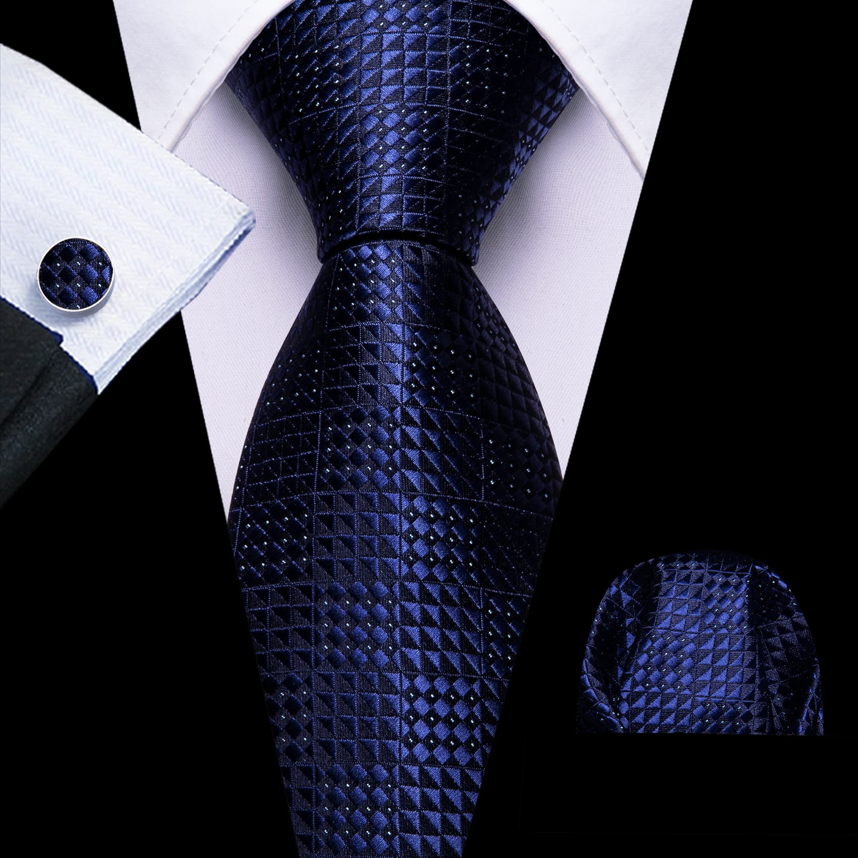 Navy Blue Men's Jacquard Geometric Tie Hanky Cufflinks Set