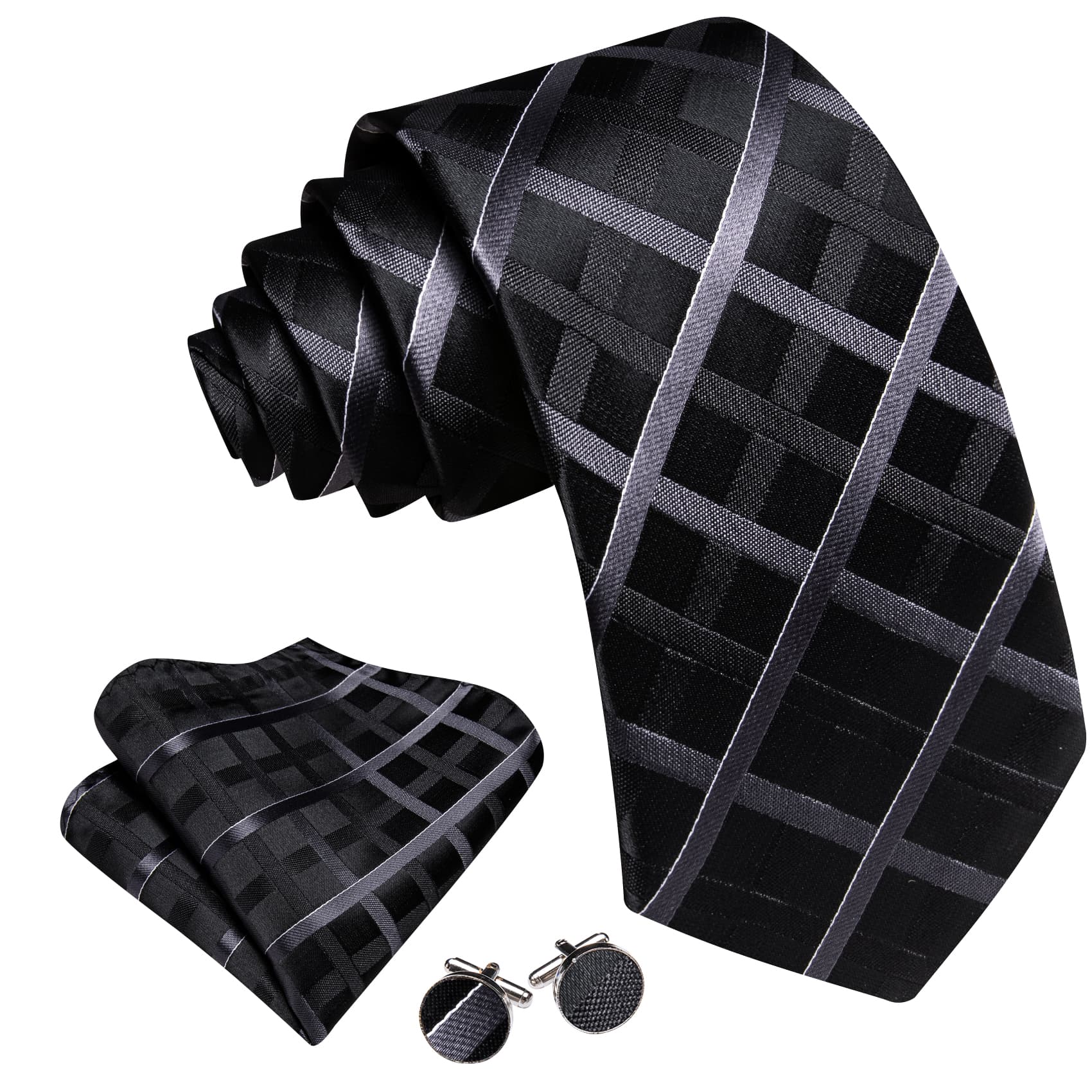  Black Tie Dark Grey Checkered Necktie Hanky Cufflinks Set