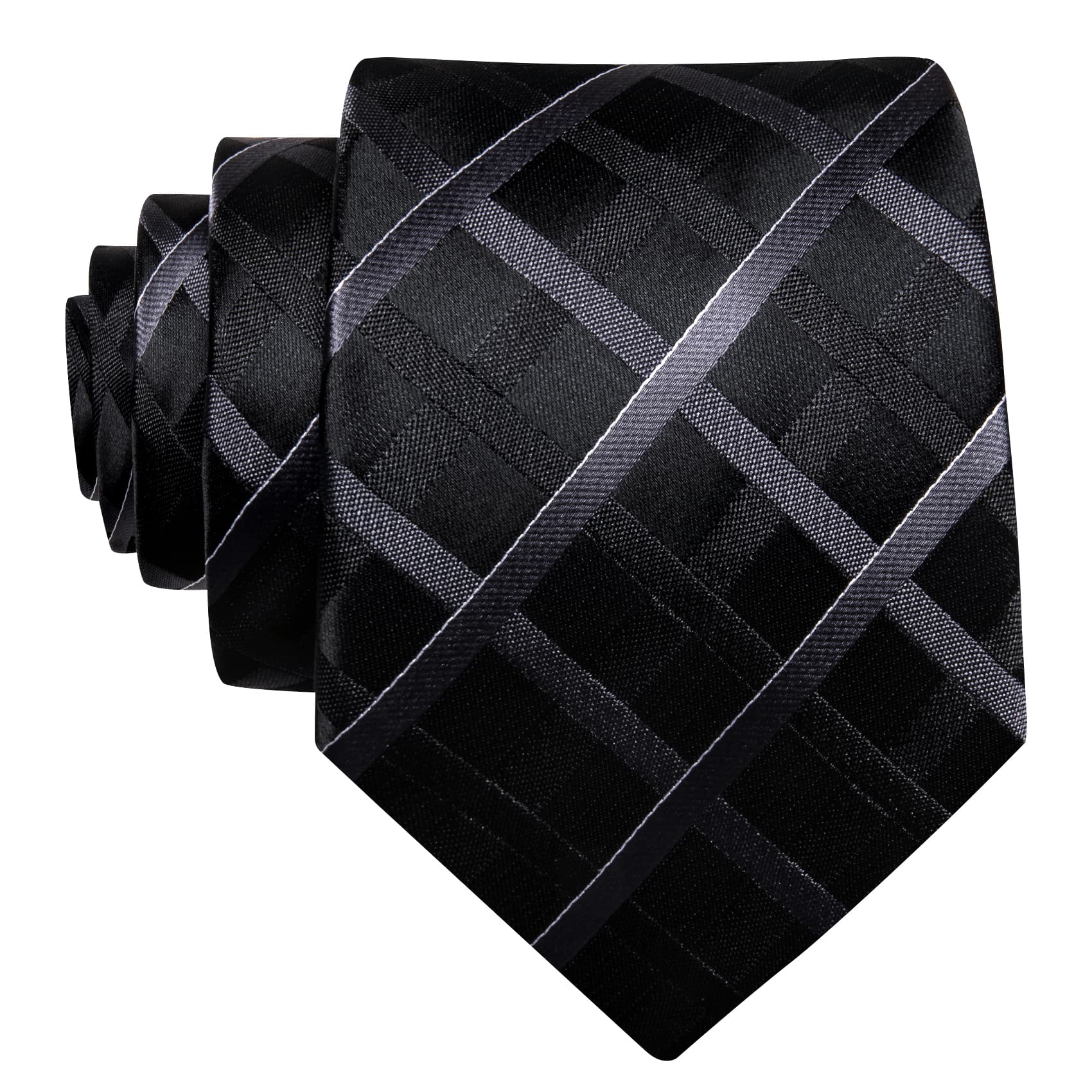  Black Tie Dark Grey Checkered Necktie Hanky Cufflinks Set