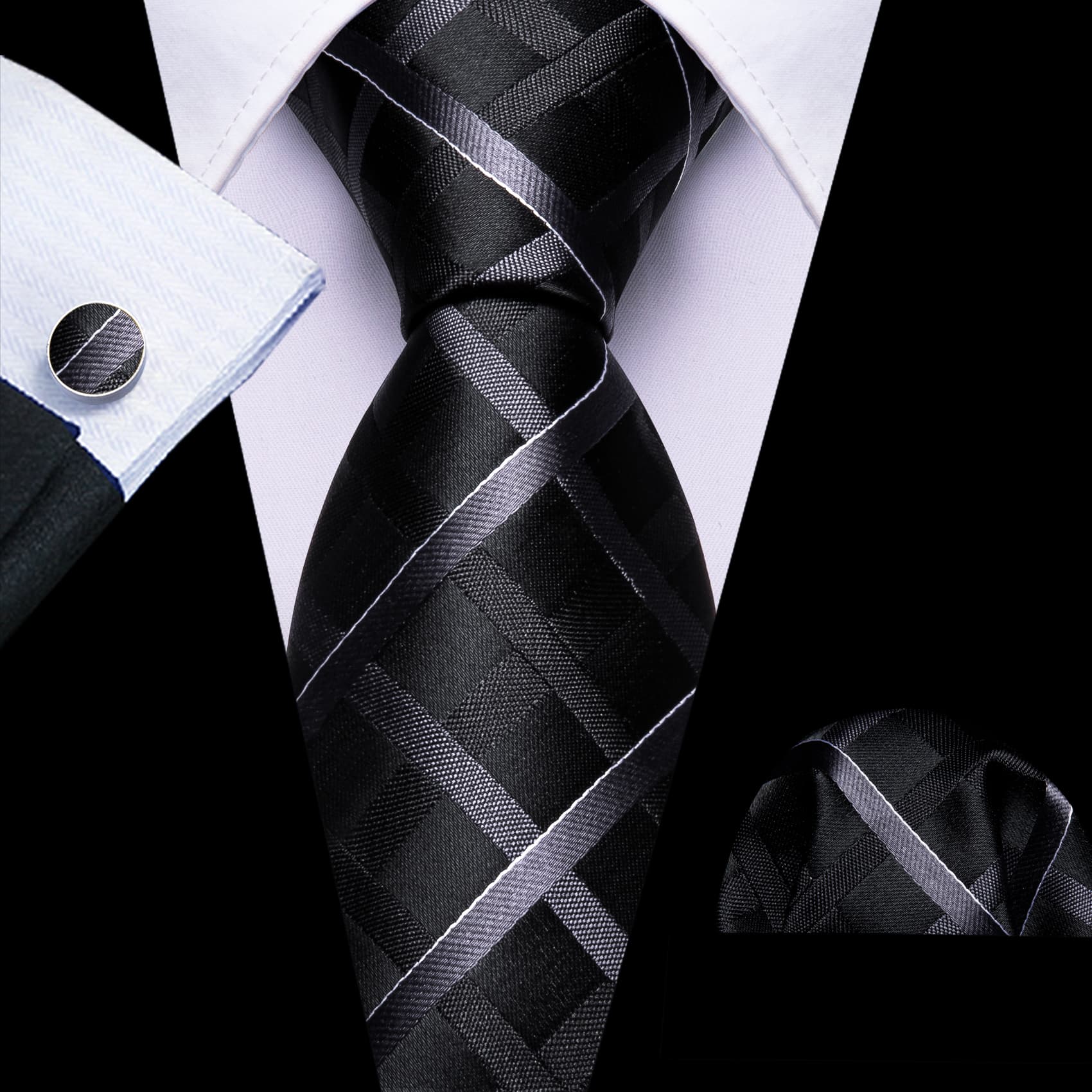  Black Tie Dark Grey Checkered Necktie Hanky Cufflinks Set