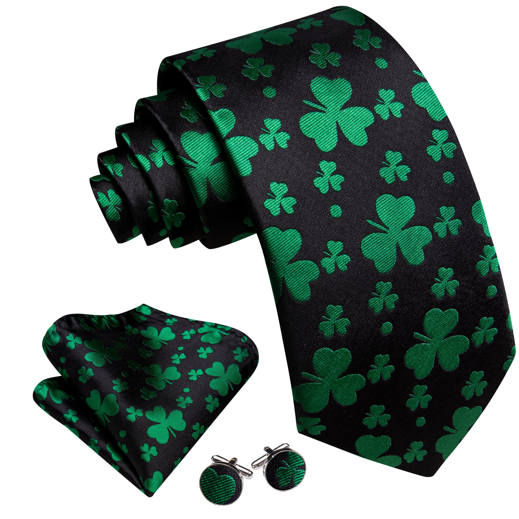  Black Tie Green Clover Pattern Necktie Hanky Cufflinks Set