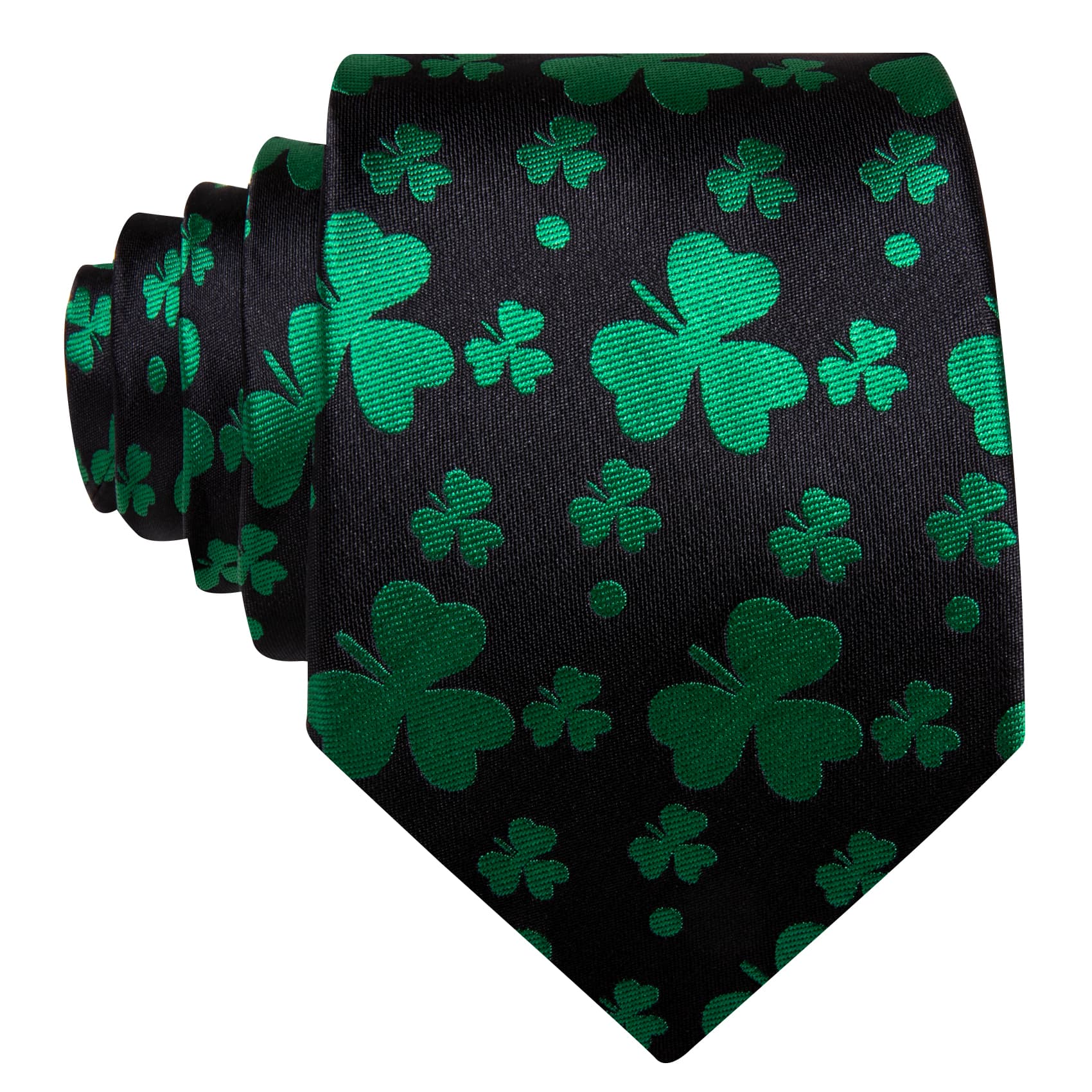  Black Tie Green Clover Pattern Necktie Hanky Cufflinks Set