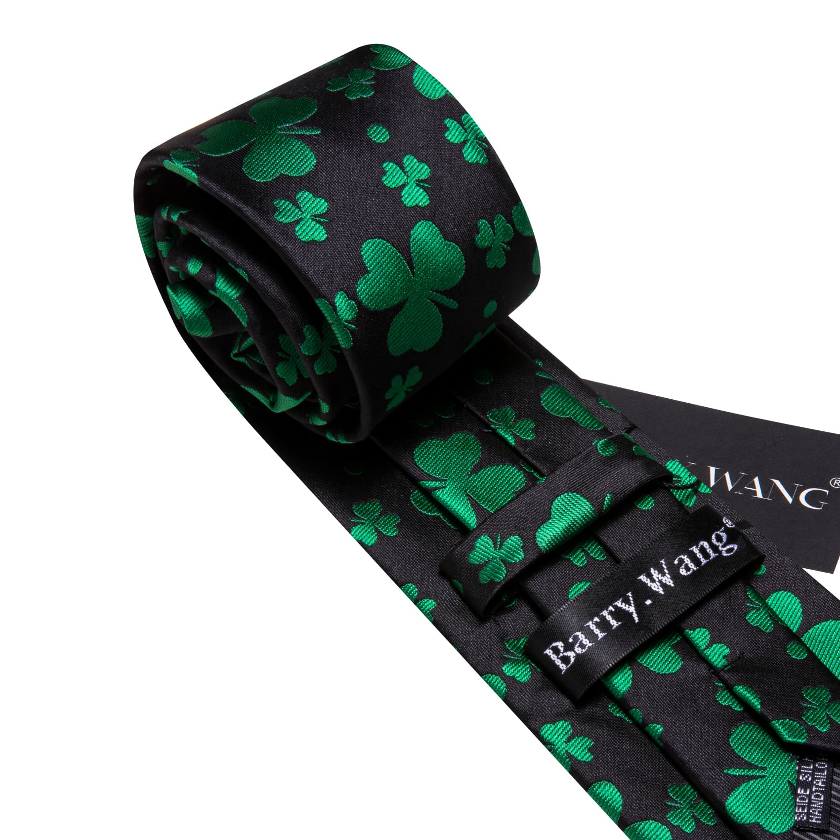  Black Tie Green Clover Pattern Necktie Hanky Cufflinks Set