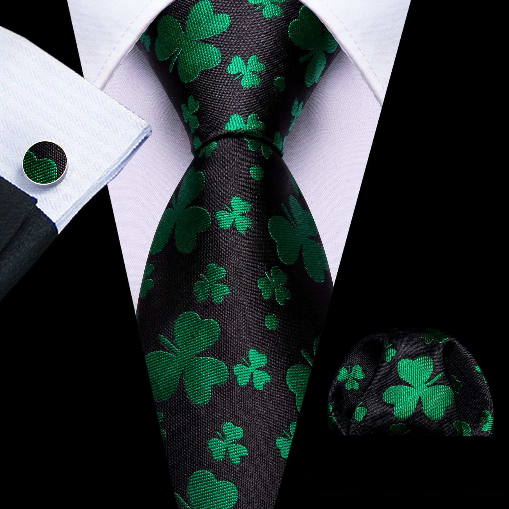  Black Tie Green Clover Pattern Necktie Hanky Cufflinks Set