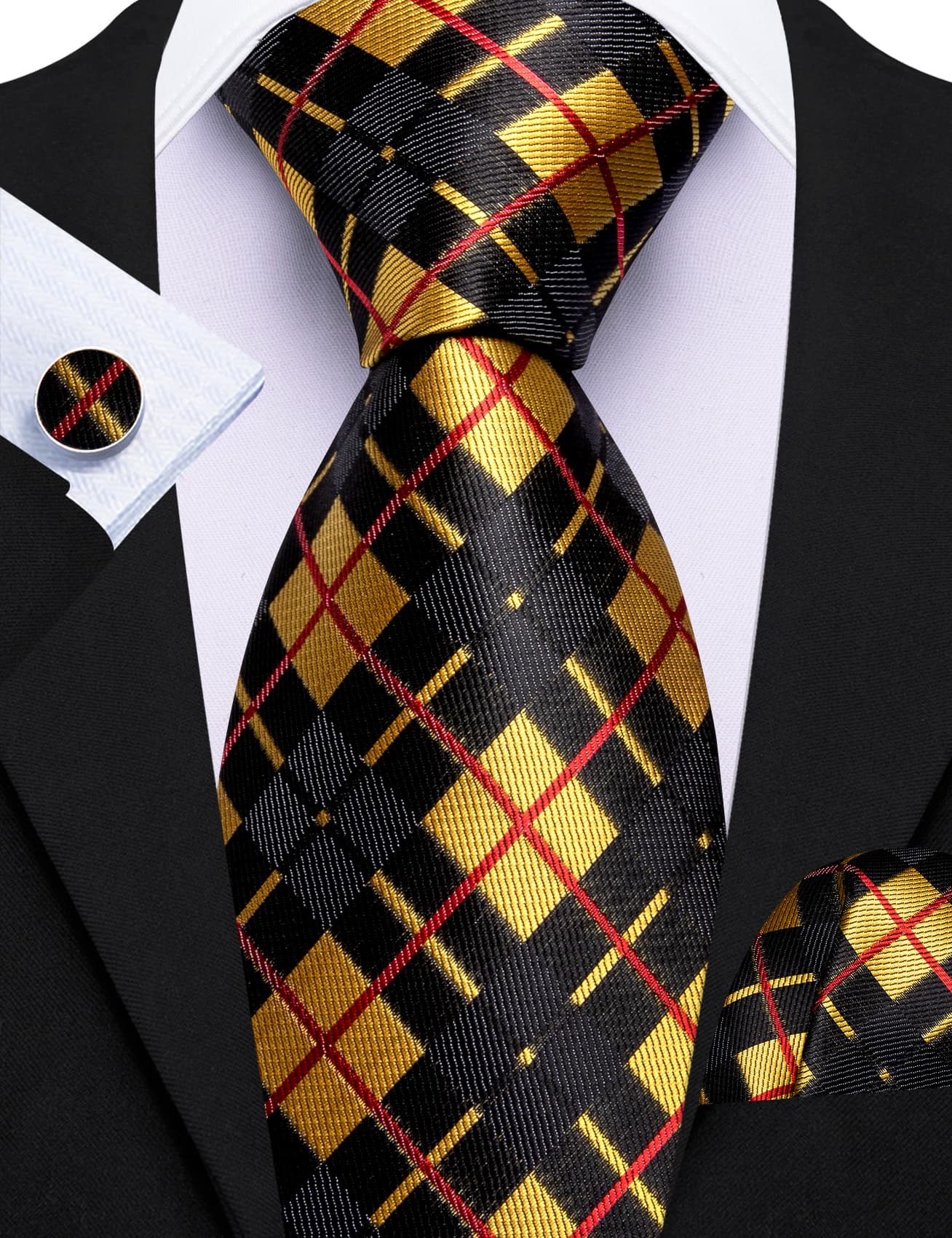 Black Yellow Checkered Tie Red Lines Jacquard Men's Tie Set