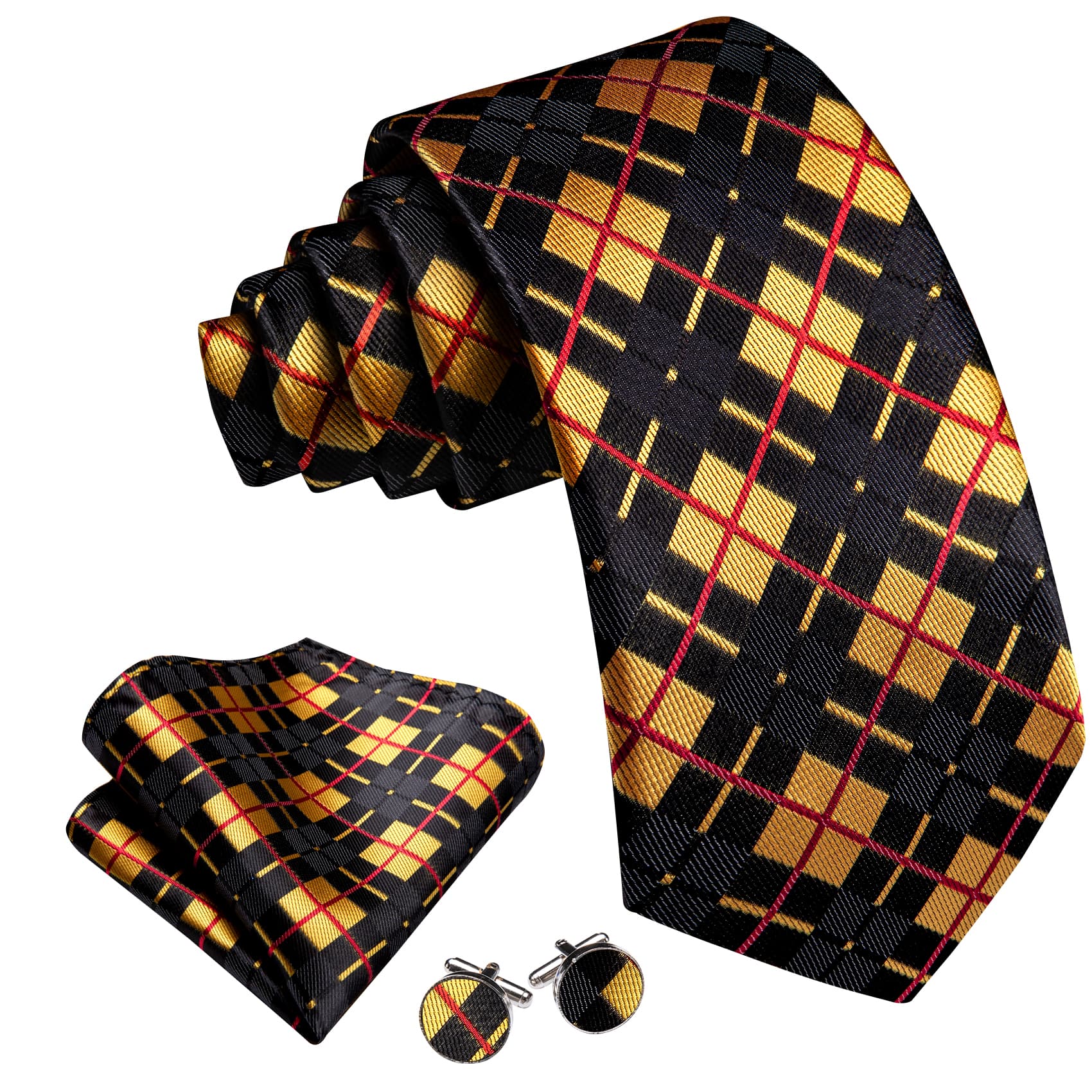 Black Yellow Checkered Tie Red Lines Jacquard Men's Tie Set