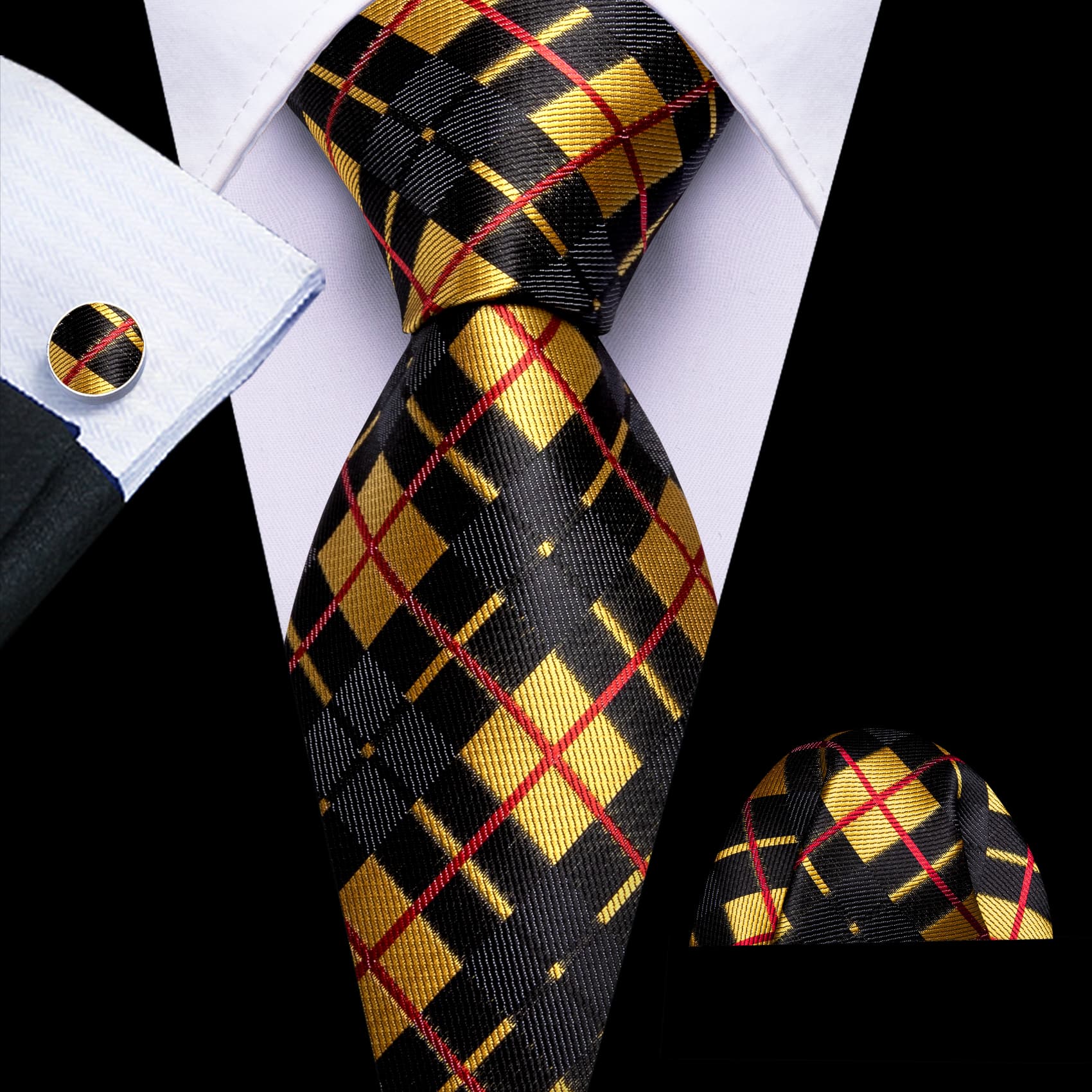 Black Yellow Checkered Tie Red Lines Jacquard Men's Tie Set