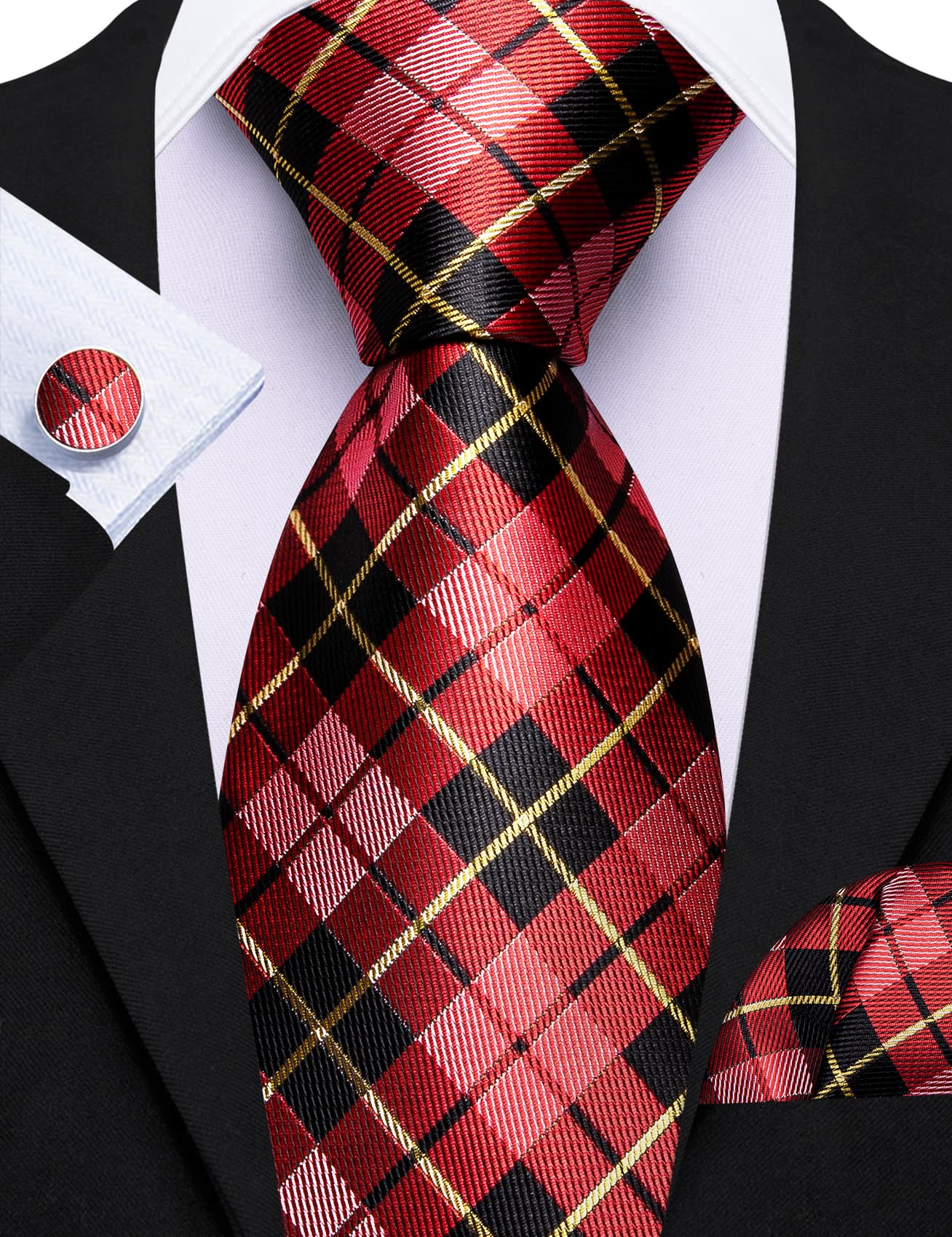  Black Red Checkered Tie Yellow Lines Jacquard Men's Tie Set