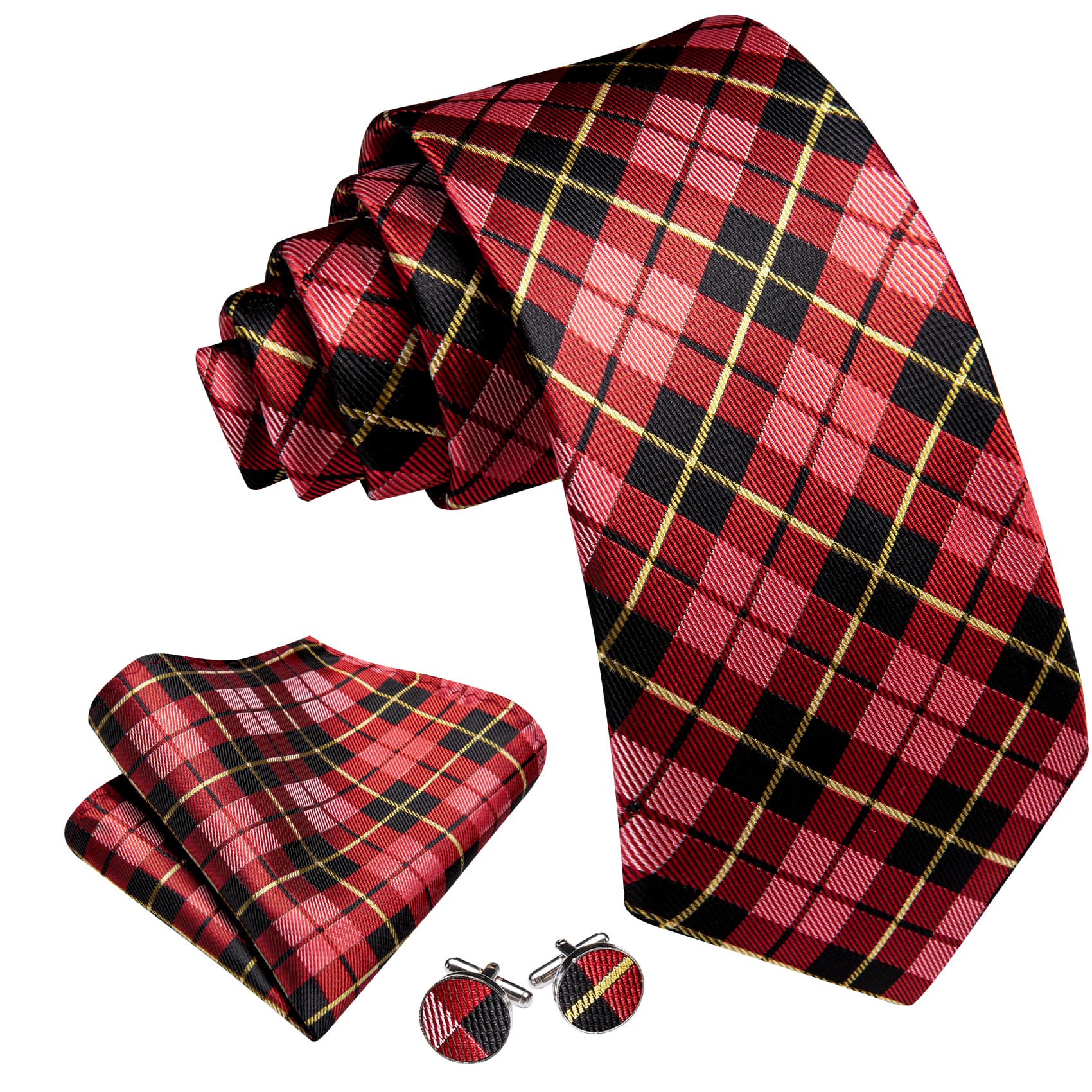  Black Red Checkered Tie Yellow Lines Jacquard Men's Tie Set