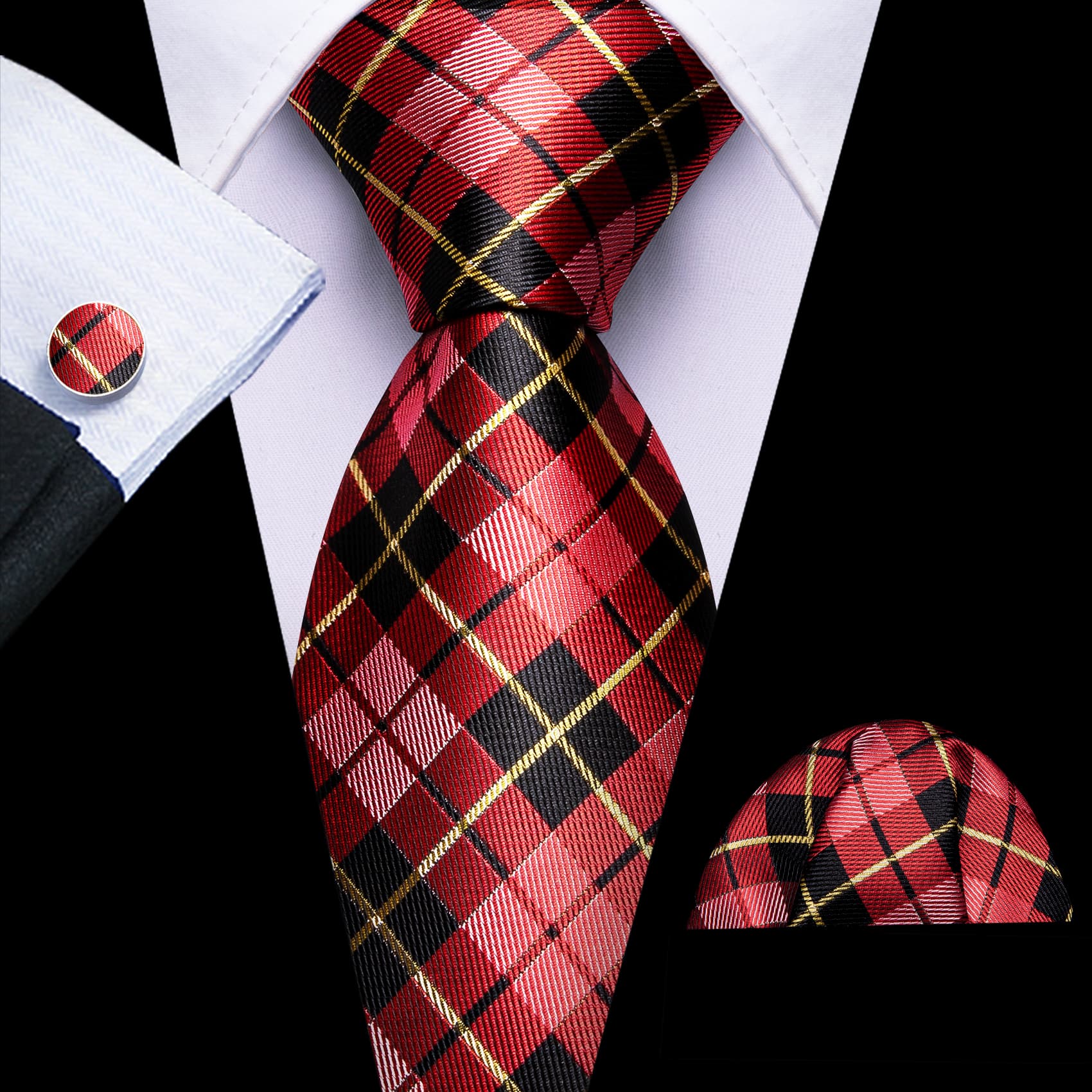  Black Red Checkered Tie Yellow Lines Jacquard Men's Tie Set