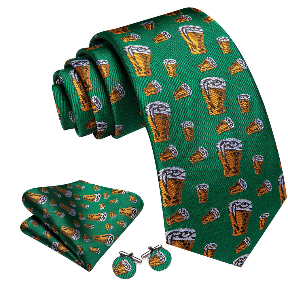 Barry Wang Christmas Green Butterbeer Holiday Necktie Hanky Cufflinks Set