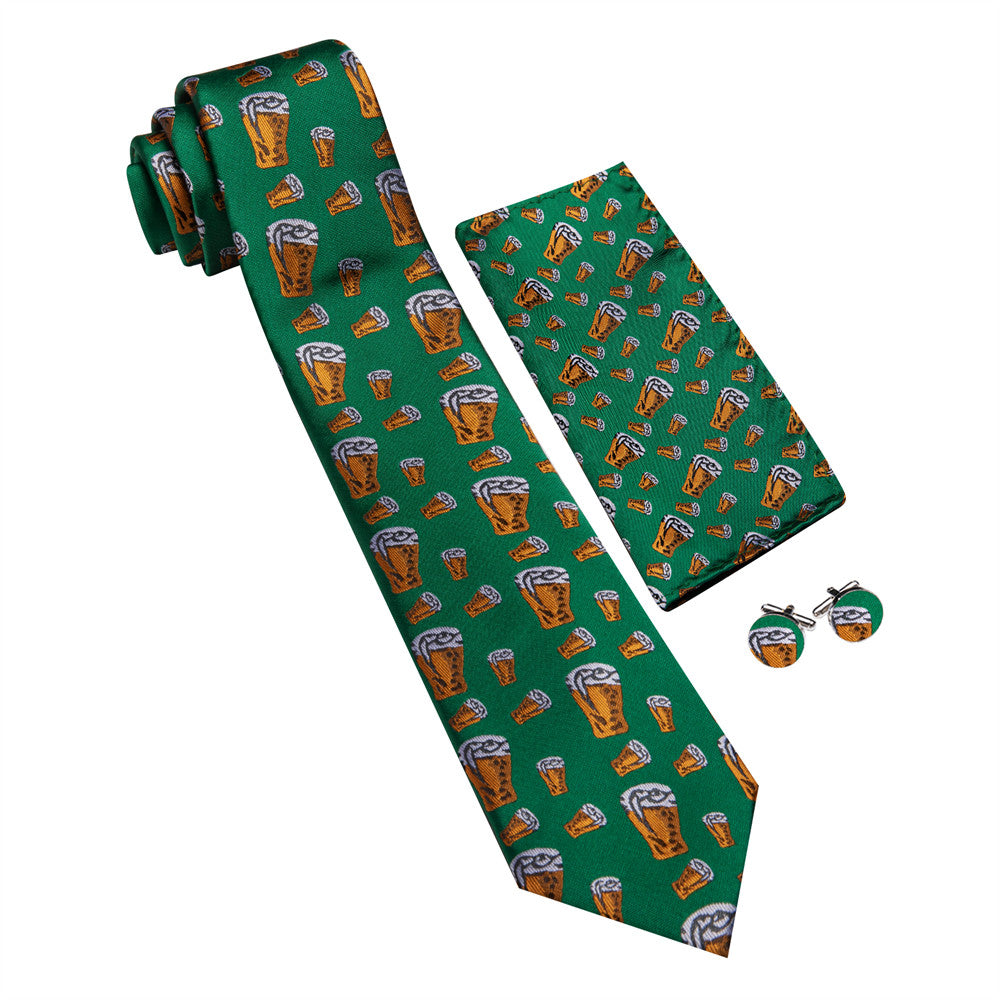 Barry Wang Christmas Green Butterbeer Holiday Necktie Hanky Cufflinks Set