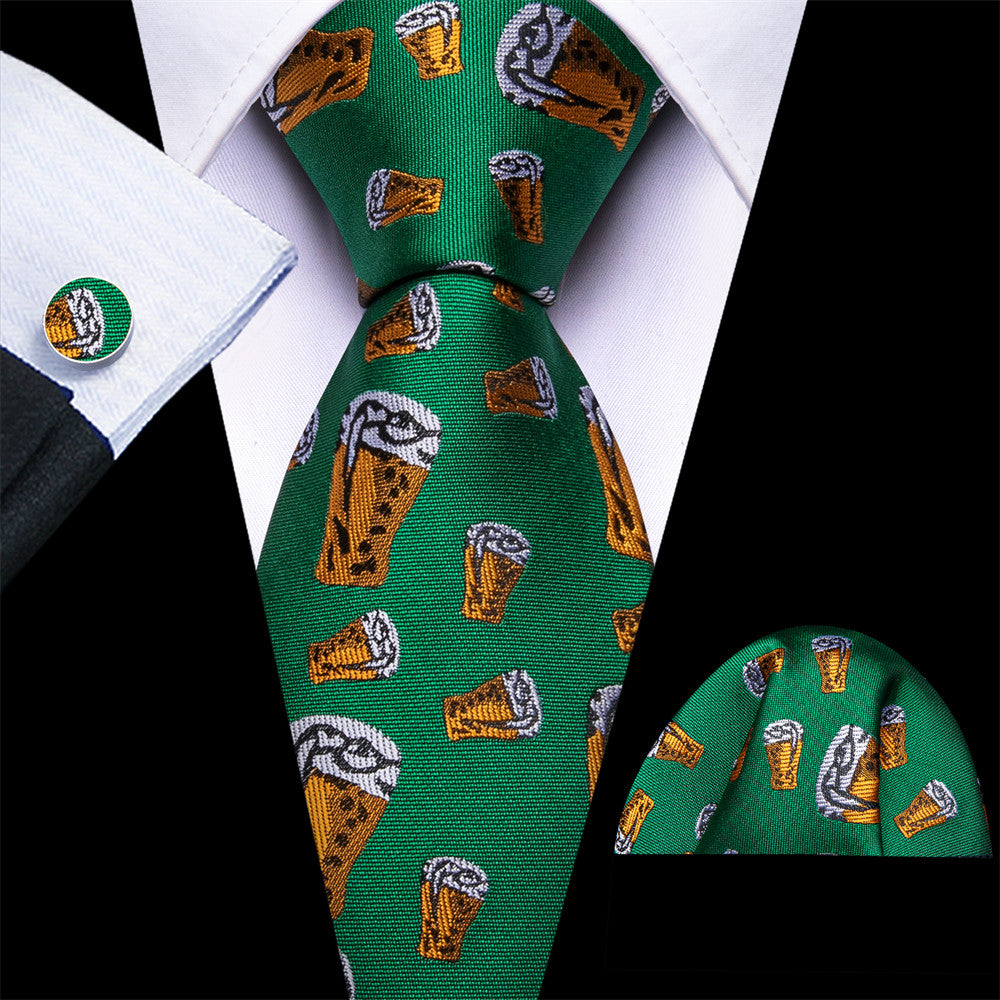 Barry Wang Christmas Green Butterbeer Holiday Necktie Hanky Cufflinks Set