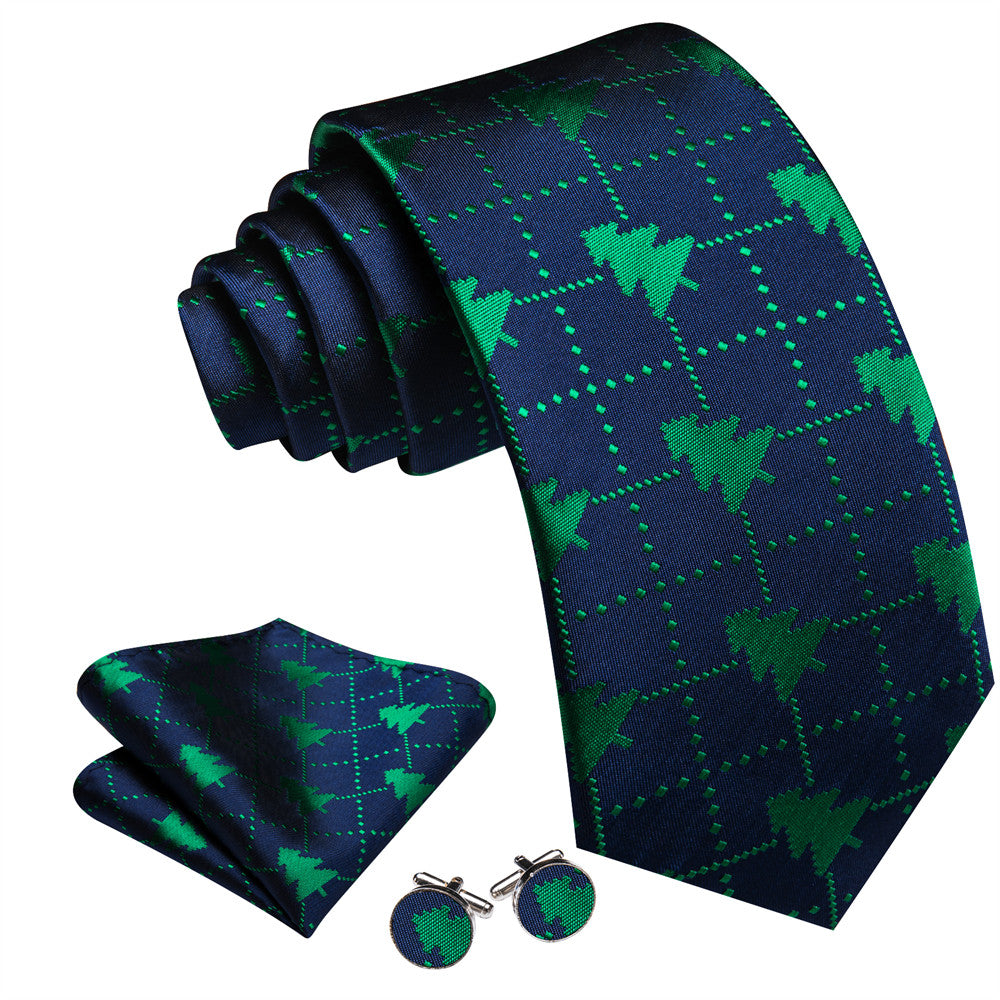 Barry Wang Silk Dark Blue Christmas Tree Plaid Necktie Set for Men