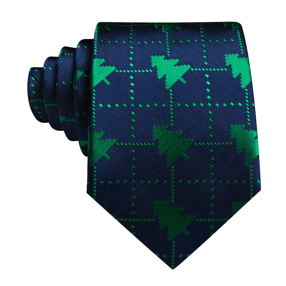 Barry Wang Silk Dark Blue Christmas Tree Plaid Necktie Set for Men