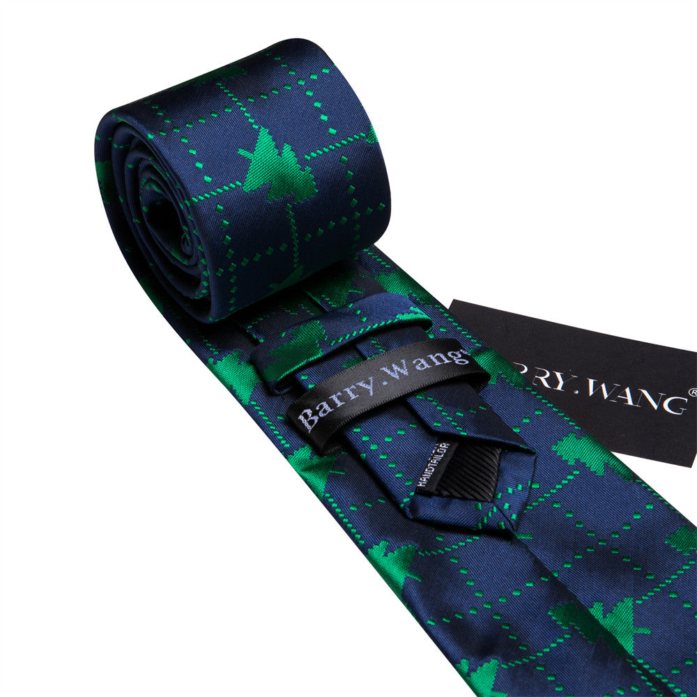 Barry Wang Silk Dark Blue Christmas Tree Plaid Necktie Set for Men