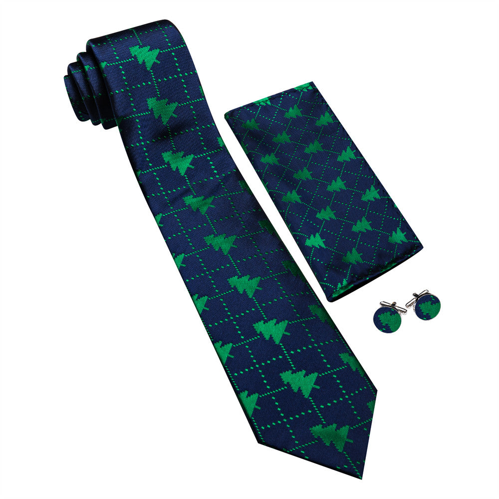 Barry Wang Silk Dark Blue Christmas Tree Plaid Necktie Set for Men