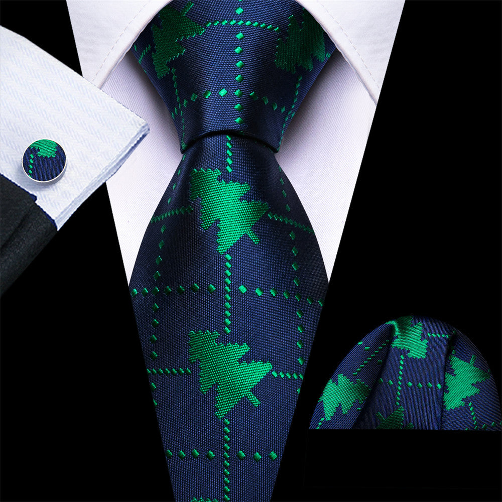 Barry Wang Silk Dark Blue Christmas Tree Plaid Necktie Set for Men