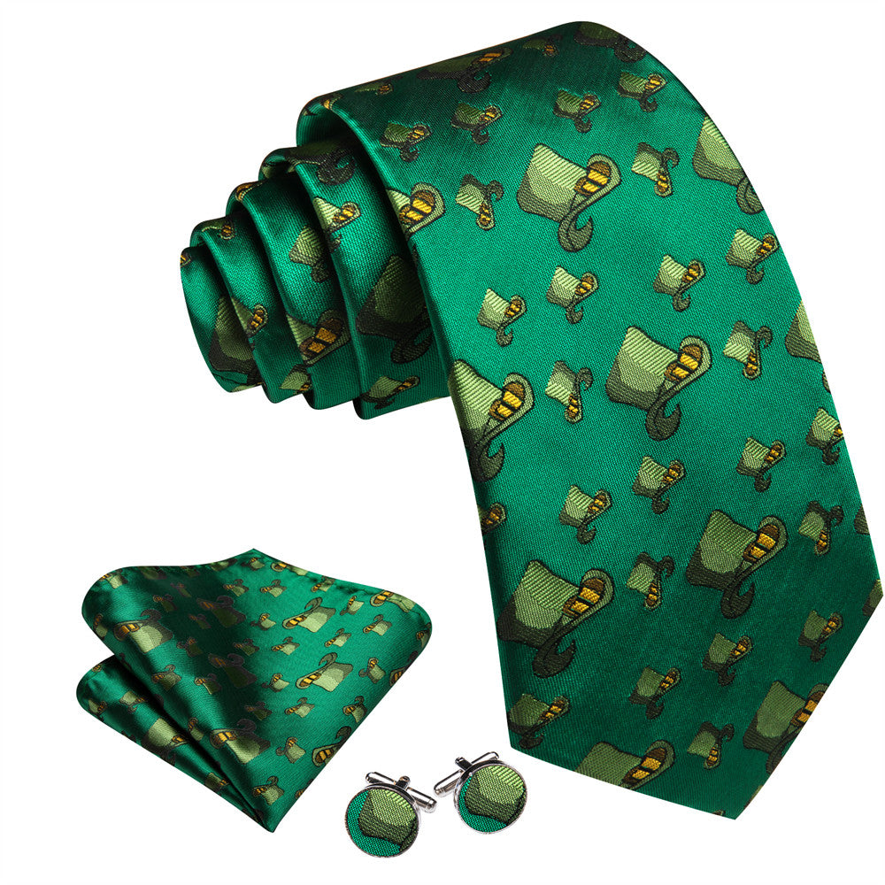 Barry Wang Green Hat Holiday Designer Necktie Hanky Cufflinks Set