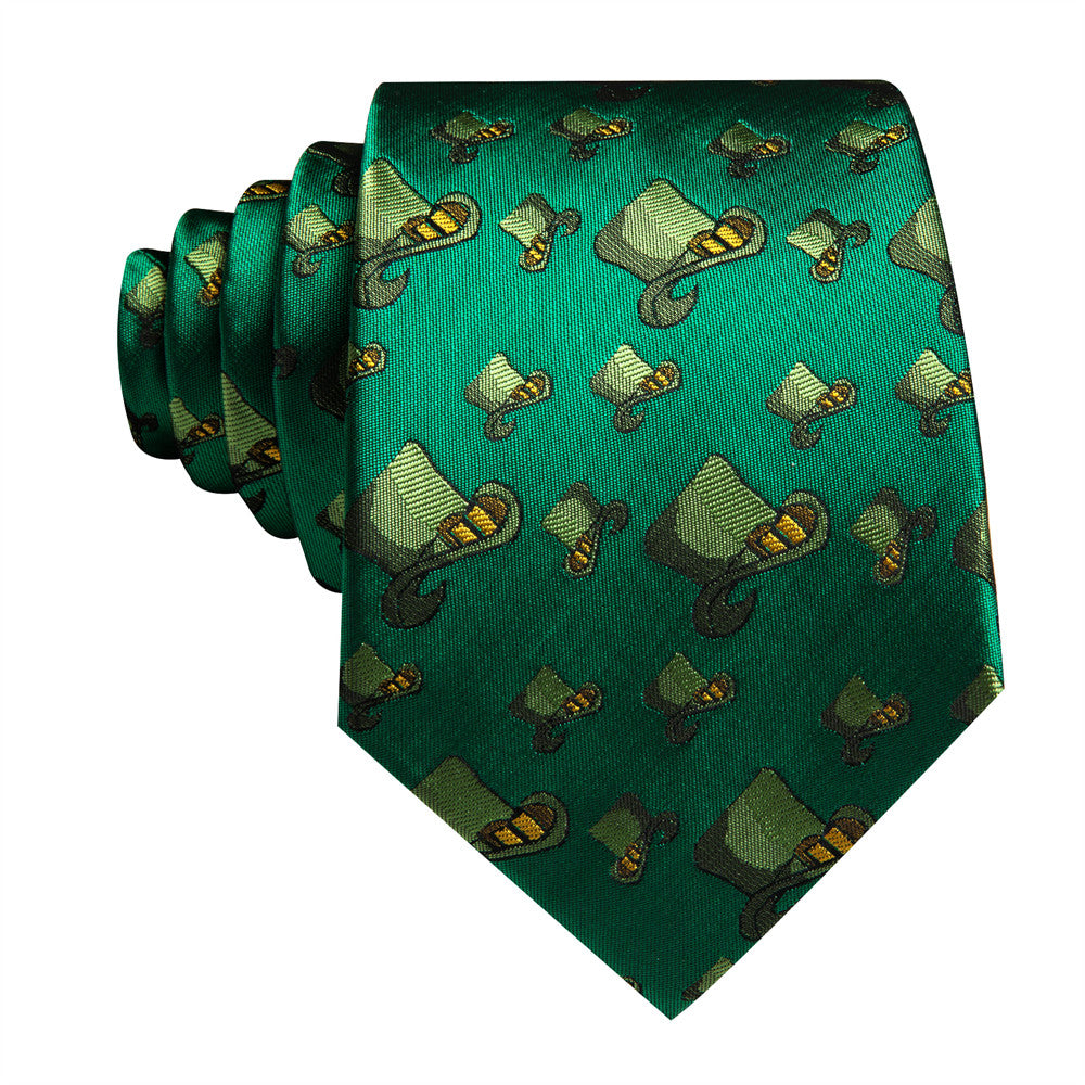 Barry Wang Green Hat Holiday Designer Necktie Hanky Cufflinks Set