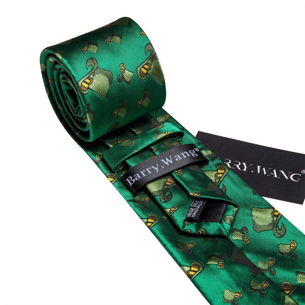 Barry Wang Green Hat Holiday Designer Necktie Hanky Cufflinks Set