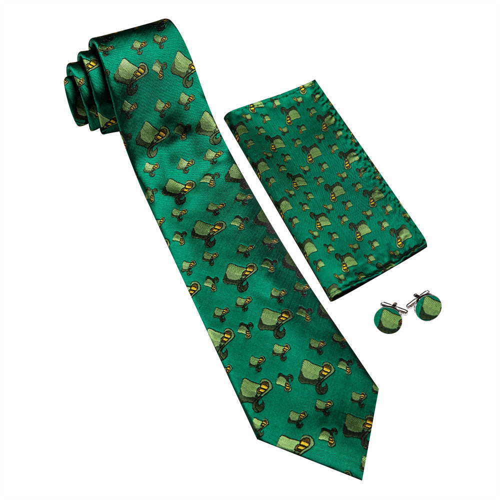 Barry Wang Green Hat Holiday Designer Necktie Hanky Cufflinks Set