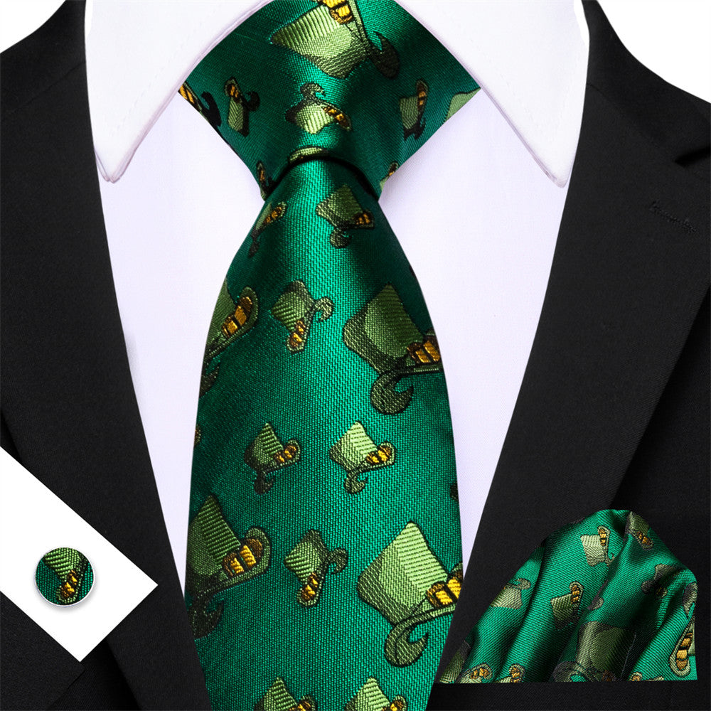 Barry Wang Green Hat Holiday Designer Necktie Hanky Cufflinks Set