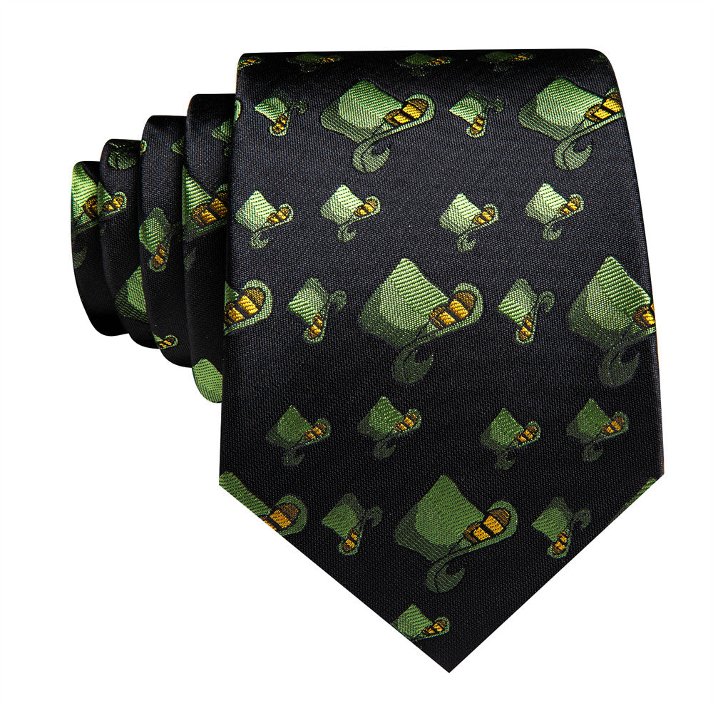 Barry Wang Black Green Hat Holiday Designer Necktie Hanky Cufflinks Set