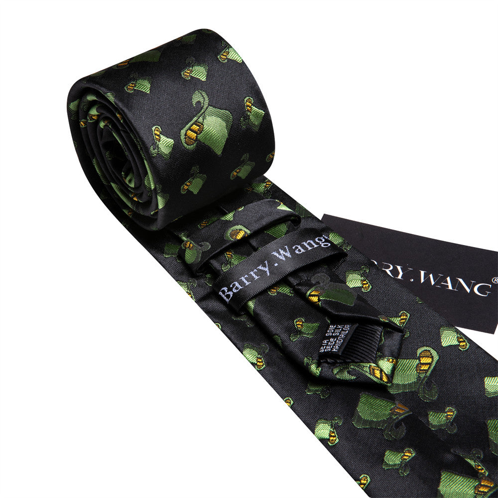 Barry Wang Black Green Hat Holiday Designer Necktie Hanky Cufflinks Set