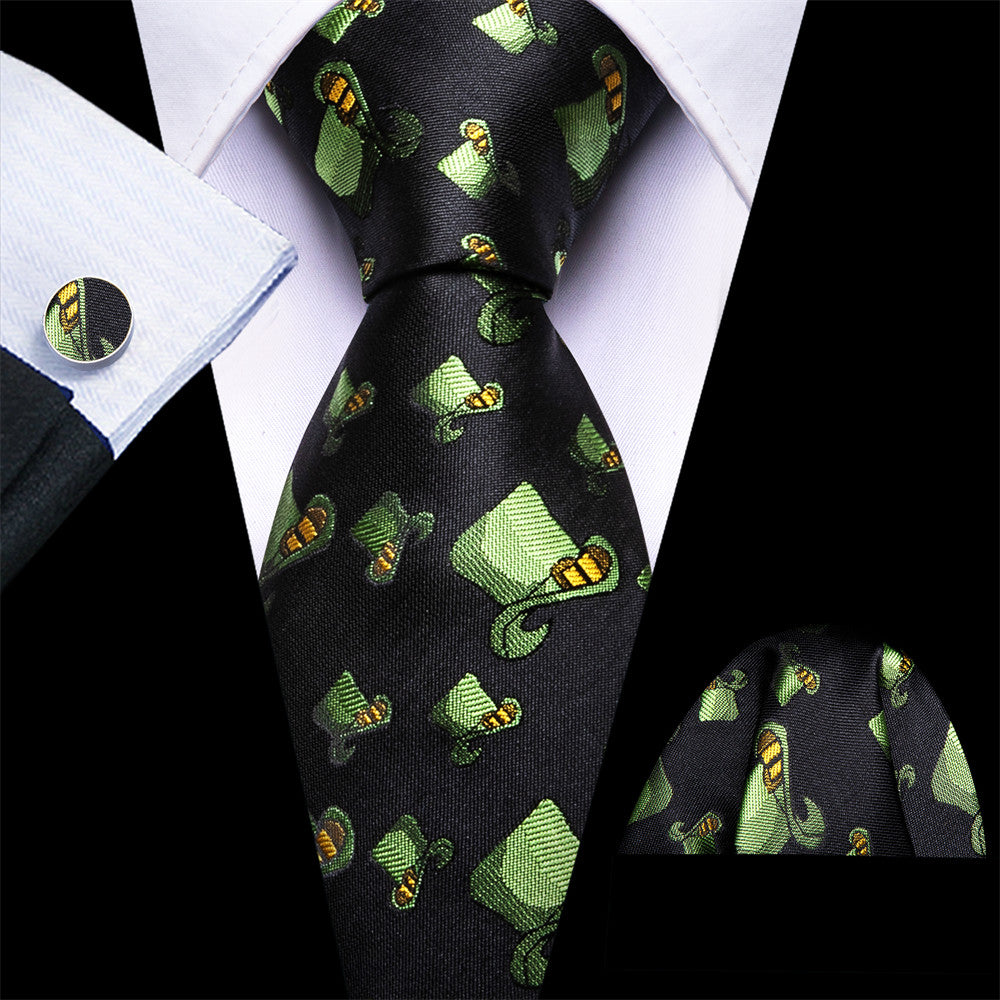 Barry Wang Black Green Hat Holiday Designer Necktie Hanky Cufflinks Set