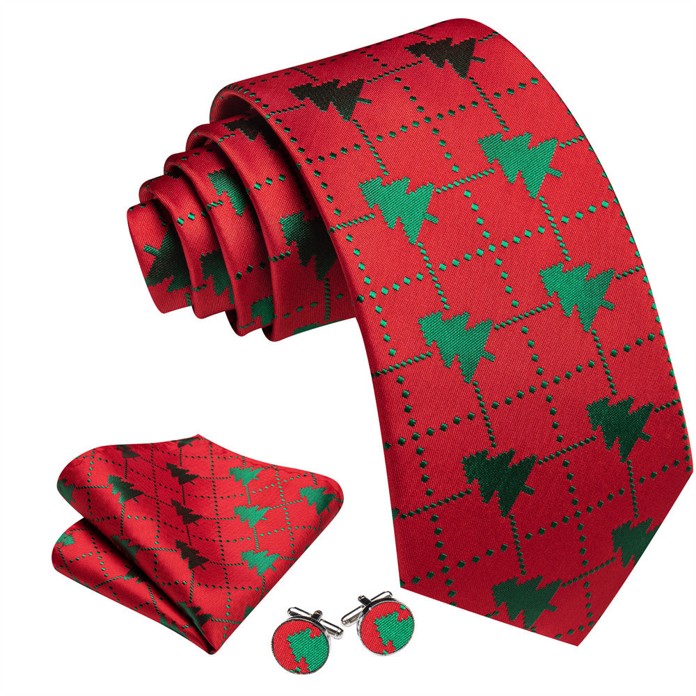 Barry Wang Silk Red Green Christmas Tree Plaid Designer Necktie Set for Men