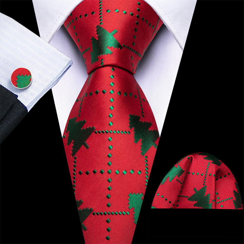 Barry Wang Silk Red Green Christmas Tree Plaid Designer Necktie Set for Men