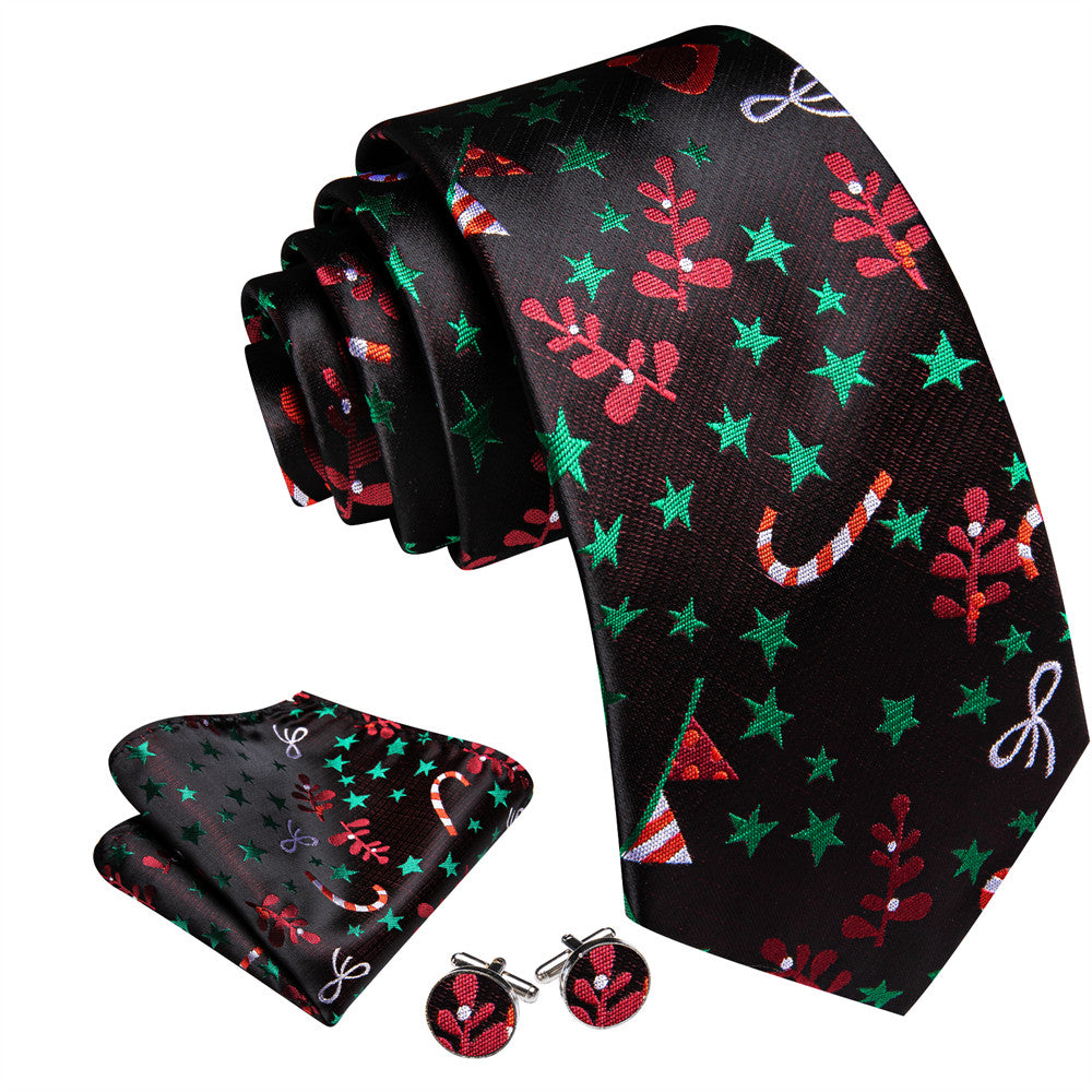 Barry Wang Black Green Star Red Floral Christmas Necktie Set