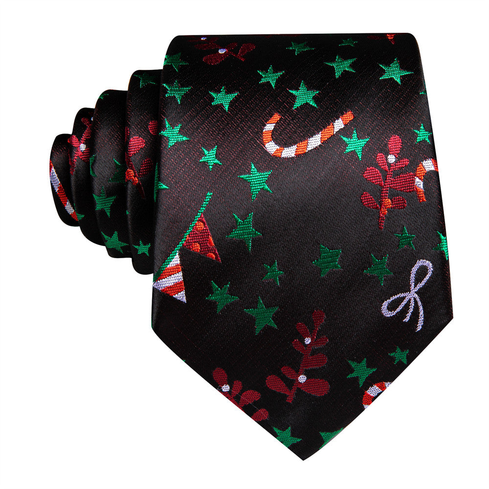 Barry Wang Black Green Star Red Floral Christmas Necktie Set