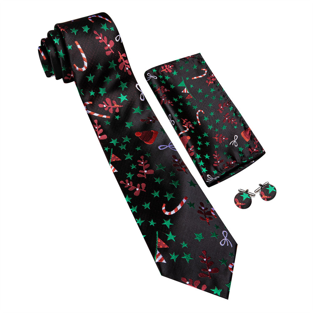 Barry Wang Black Green Star Red Floral Christmas Necktie Set