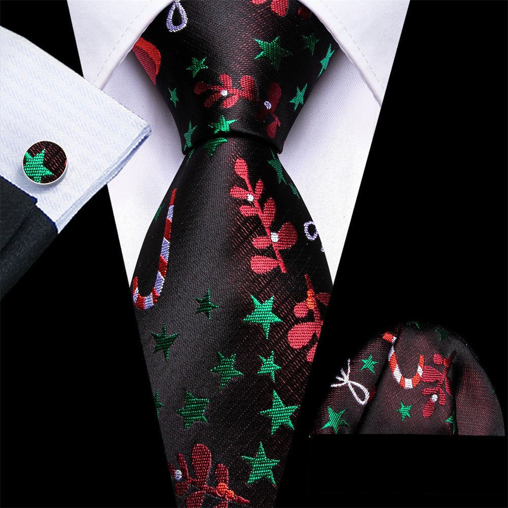 Barry Wang Black Green Star Red Floral Christmas Necktie Set